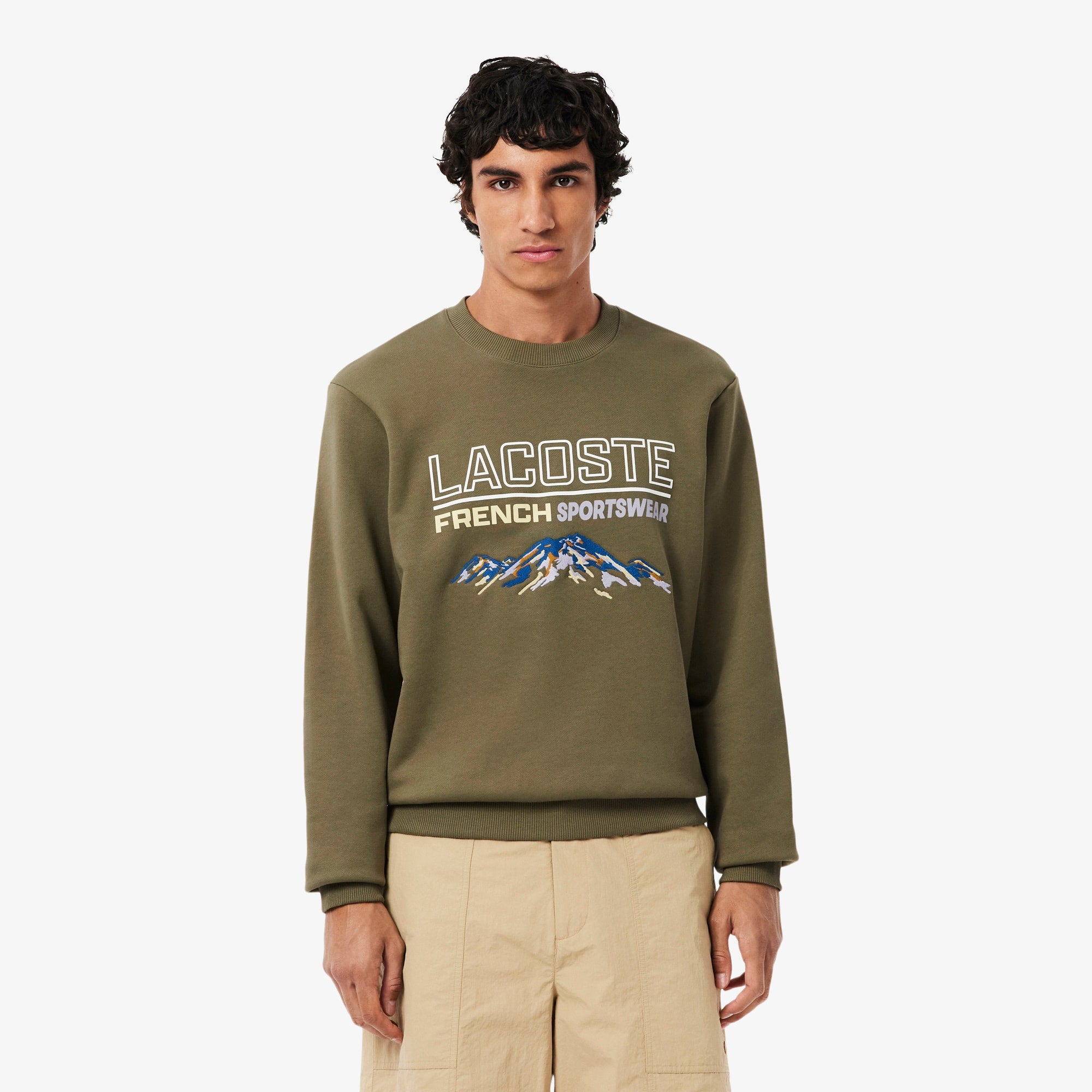 Men's Embroidered Motif Fleece Sweatshirt - Khaki Green