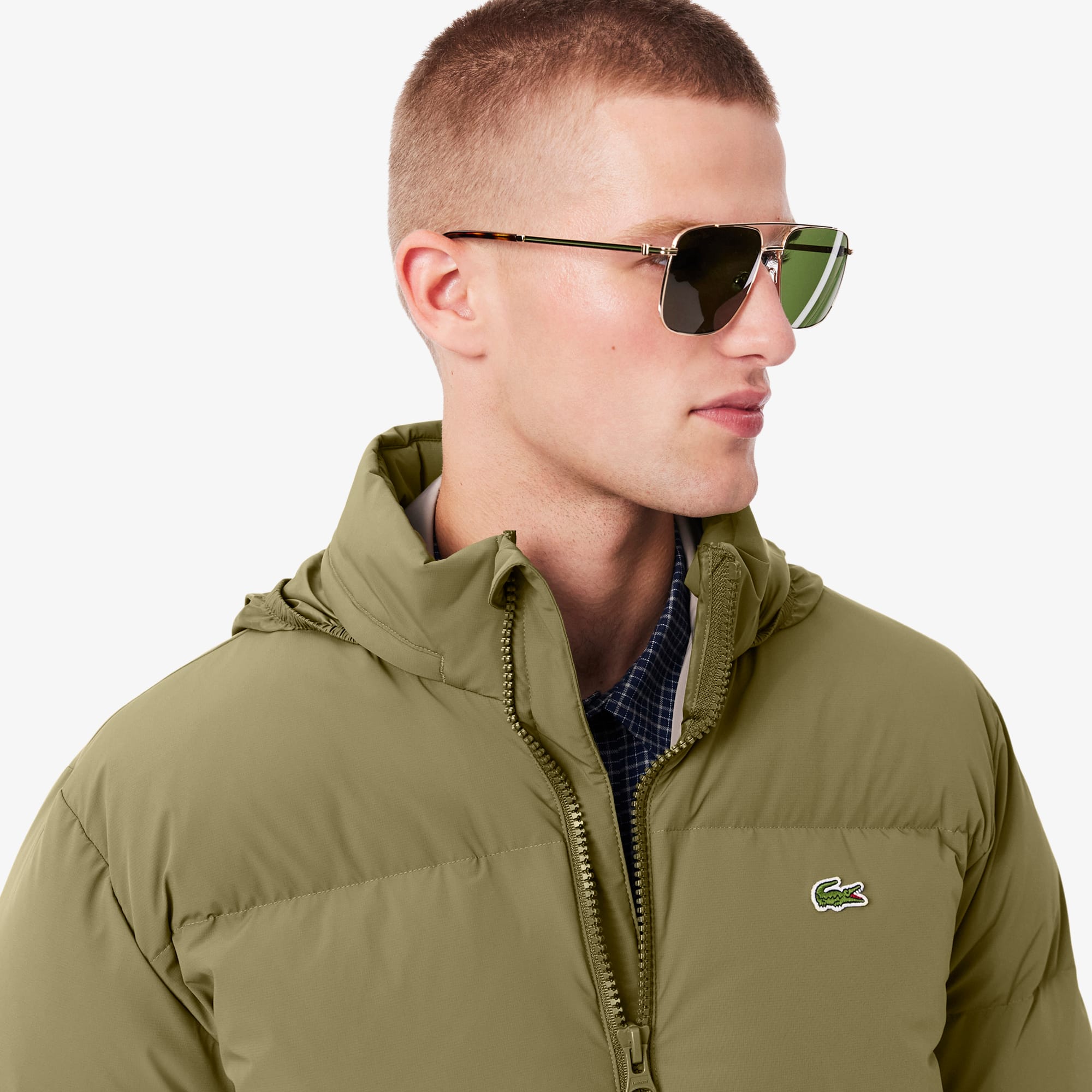 Men's Water-Repellent Hooded Down Jacket - Khaki Green