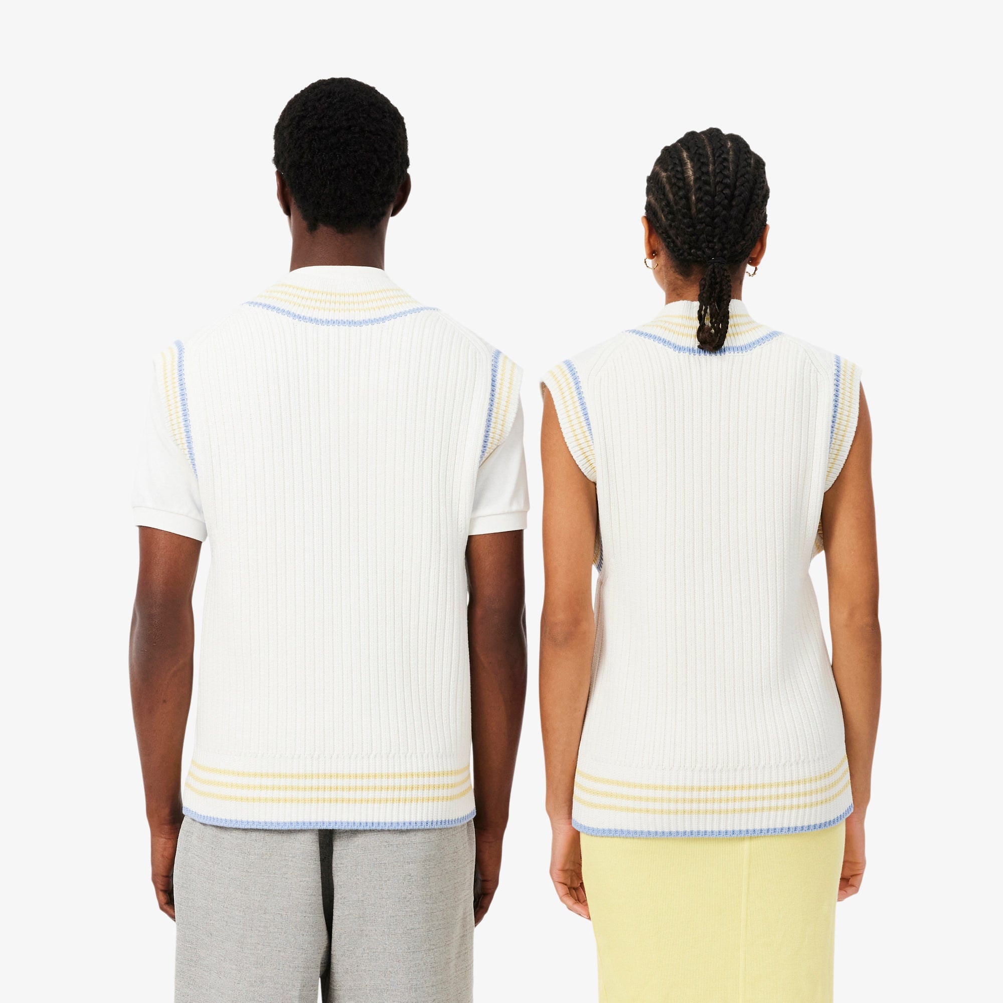 Striped Rib Knit Cotton Sweater Vest - Blanc / Bleu Clair / Jaune
