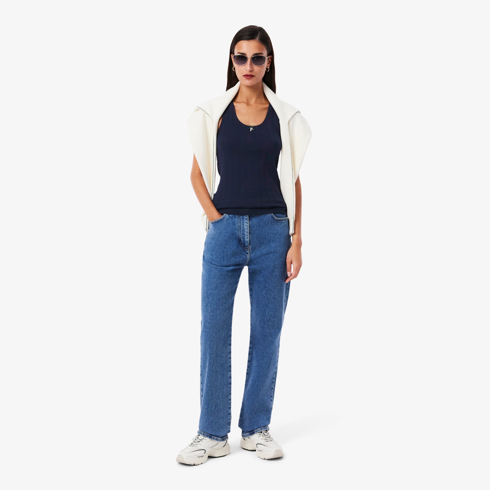 Women's Slim Fit Pointelle Knit Cotton Tank Top - Navy Blue