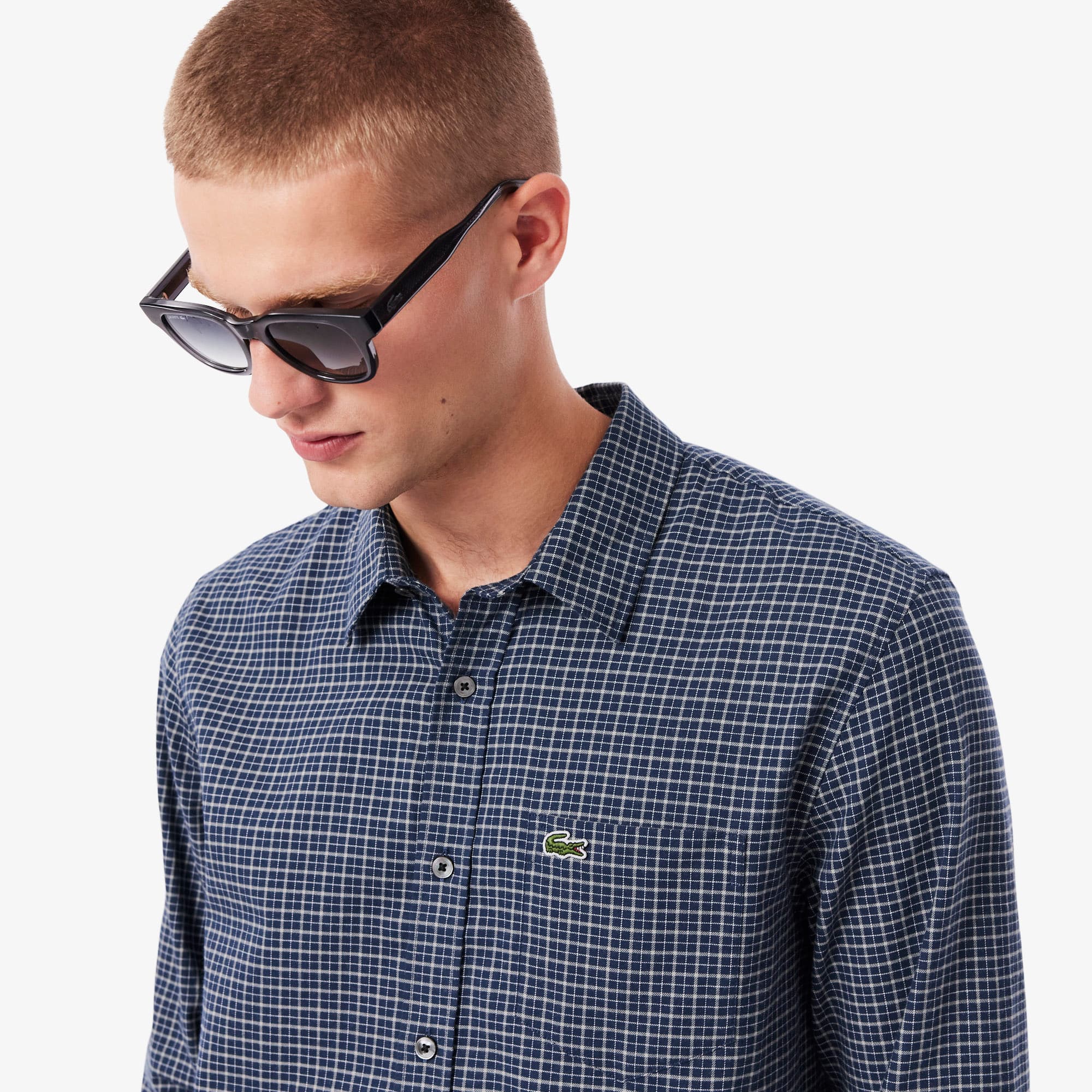 Men's Regular Fit Plaid Flannel Shirt - Navy Blue / White