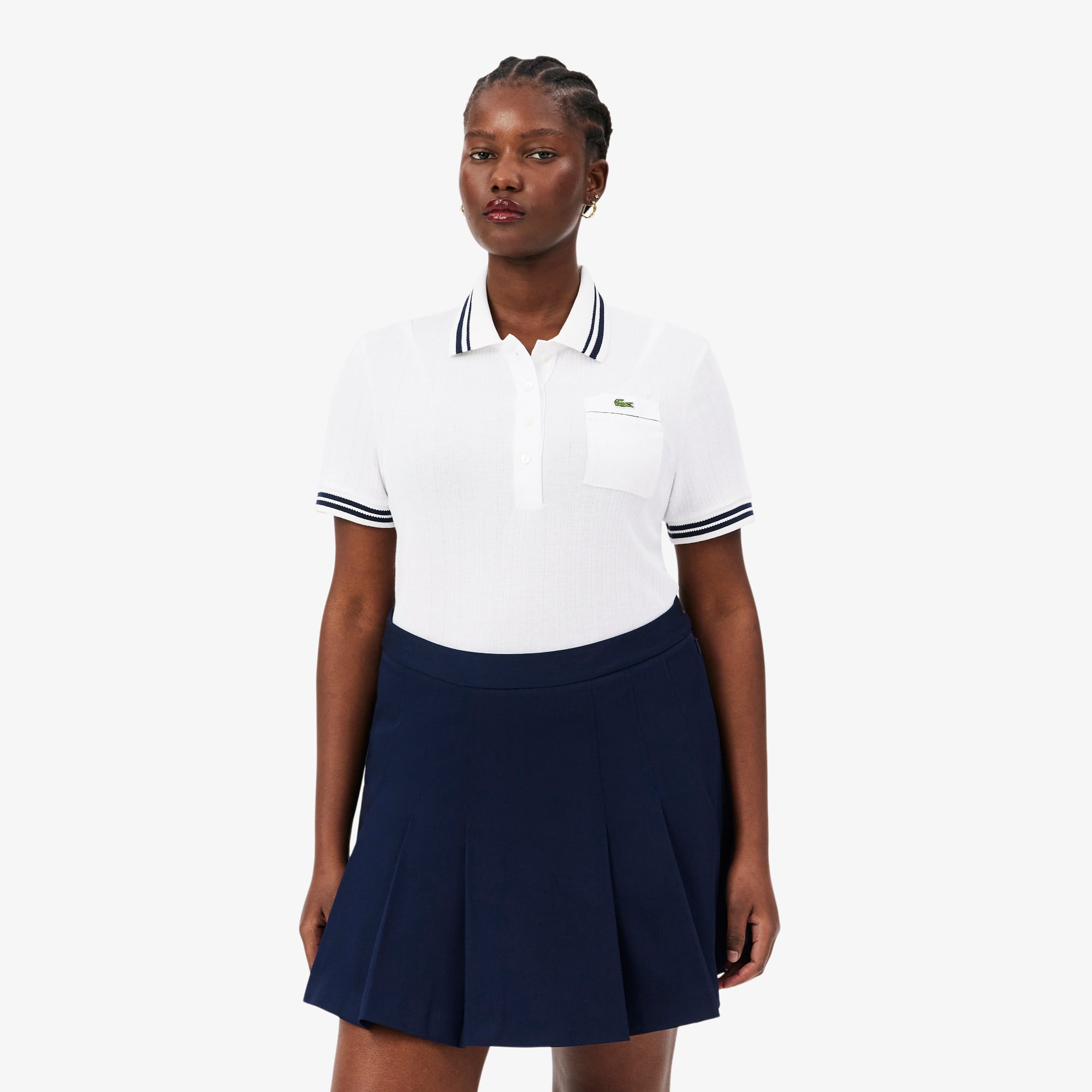 Slim Fit French Made Ribbed Polo - White / Navy Blue