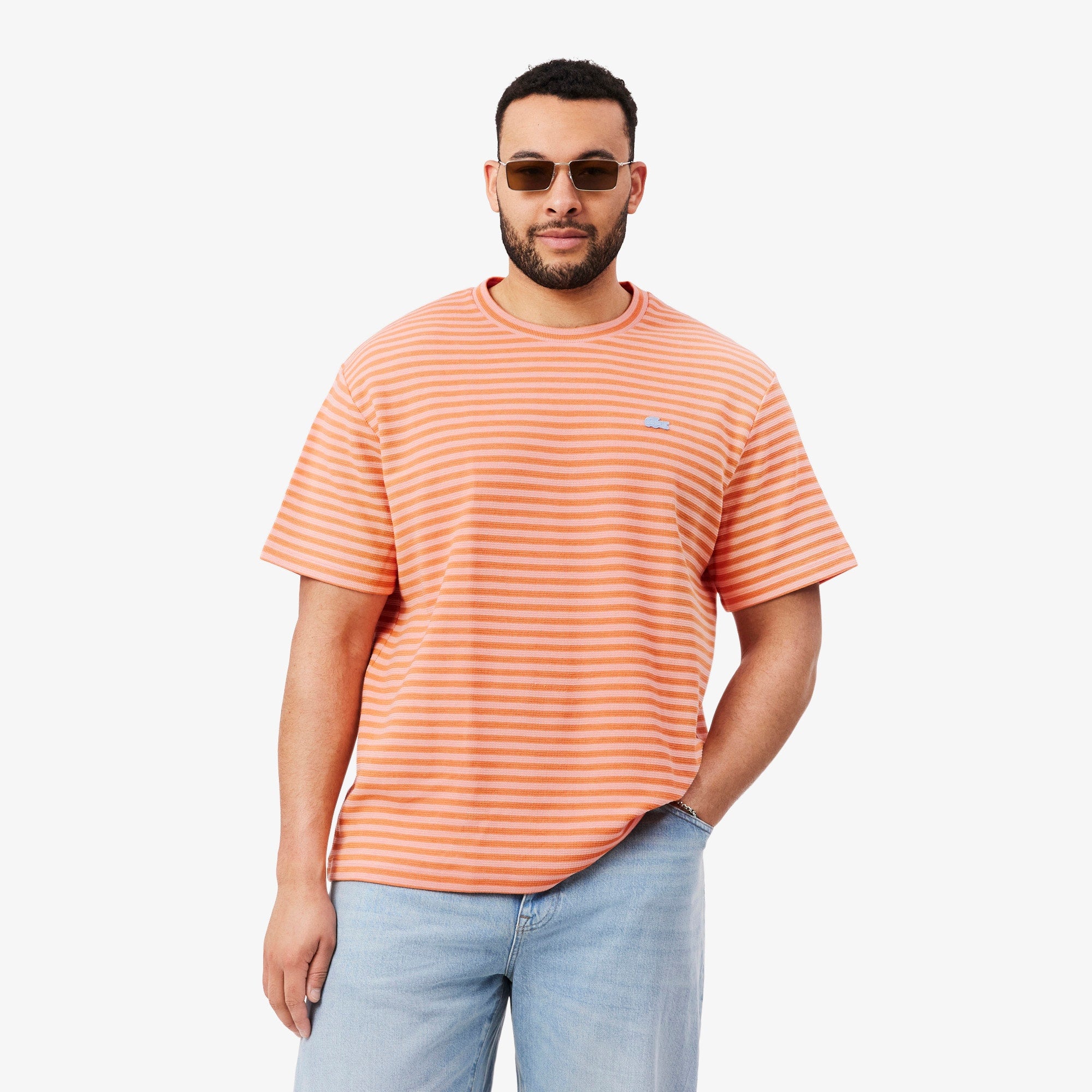 Textured Striped Cotton T-Shirt - Rose / Orange