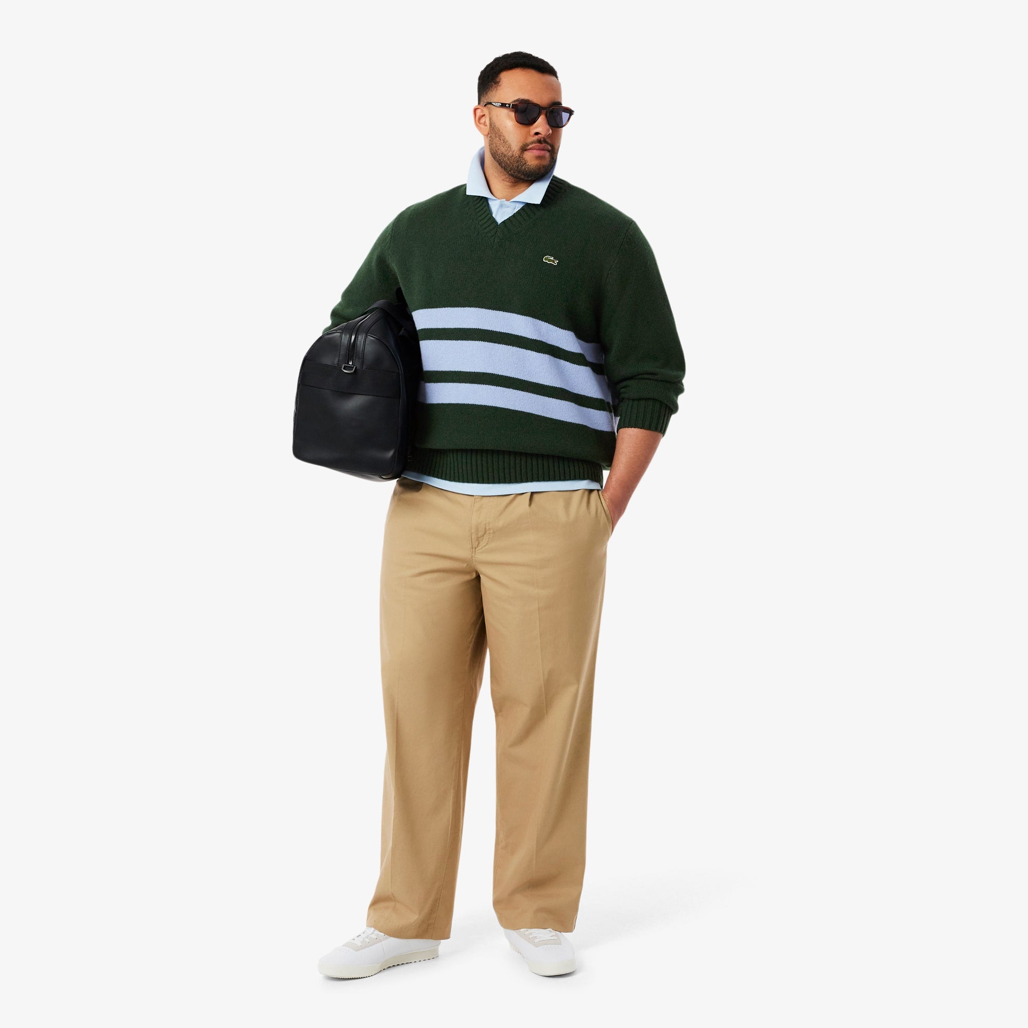 Men's Striped Wool V-Neck Sweater - Vert / Bleu