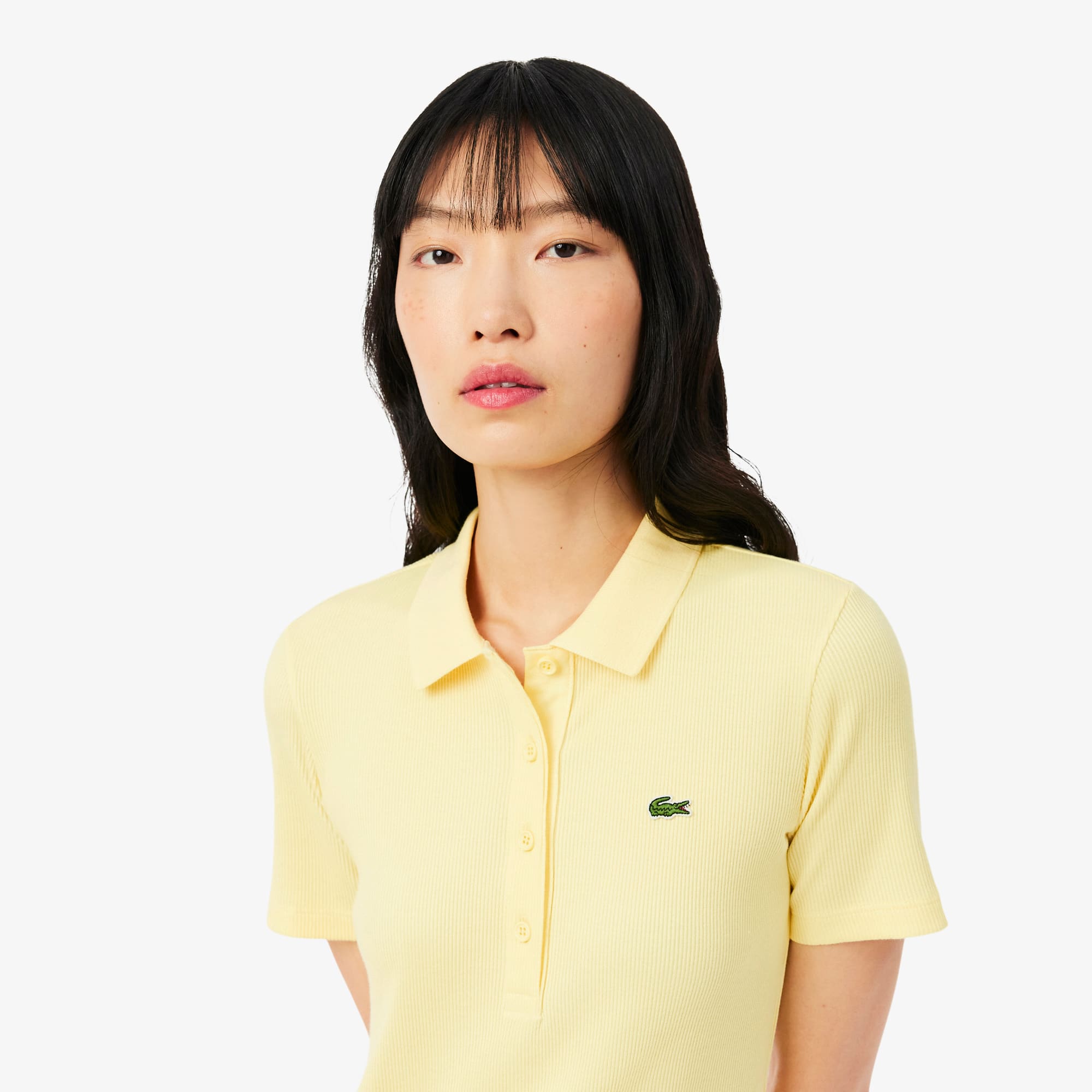 Women's Long Ribbed Cotton Polo Dress - Pastel yellow