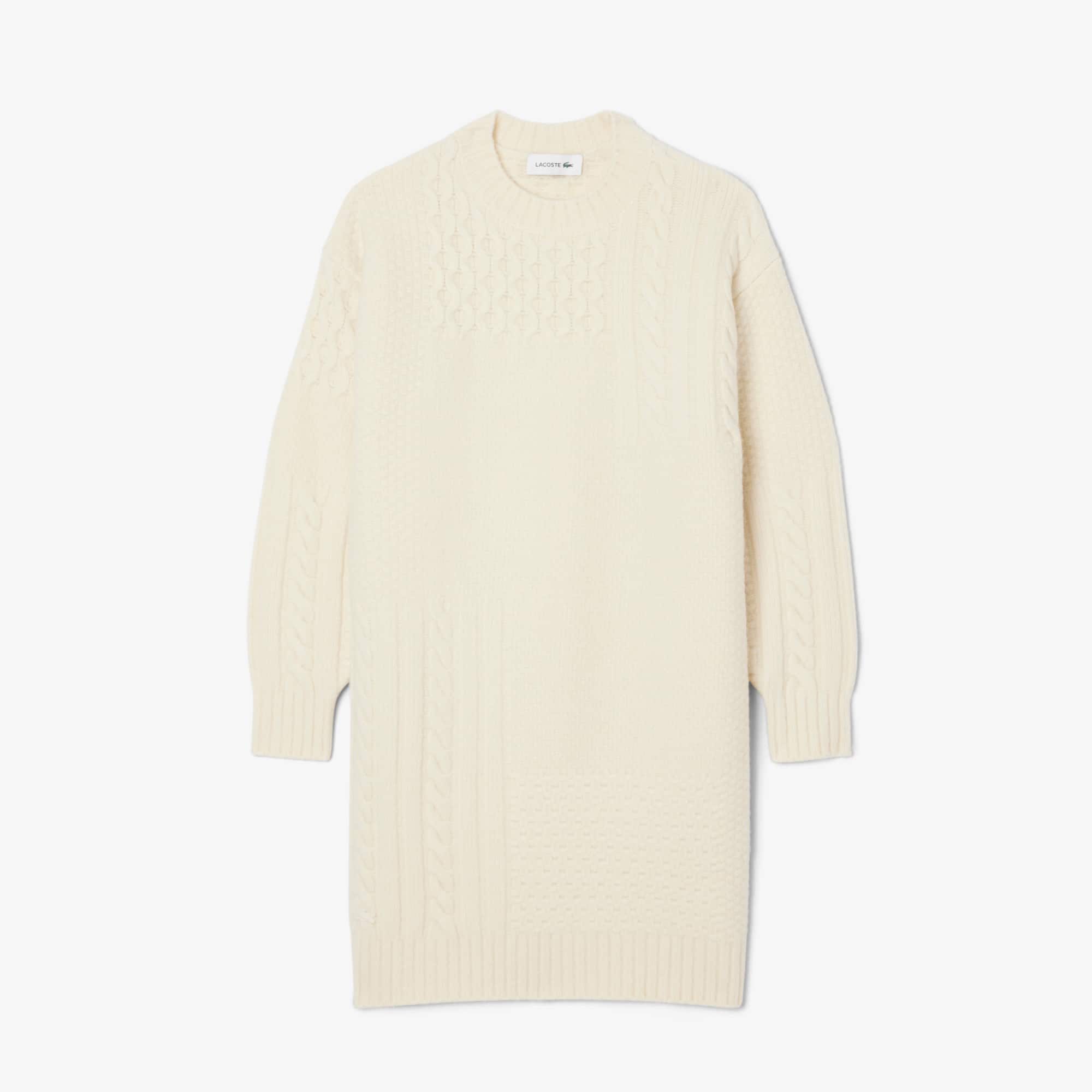 Women's Patchwork Effect Wool Sweater Dress - Cream