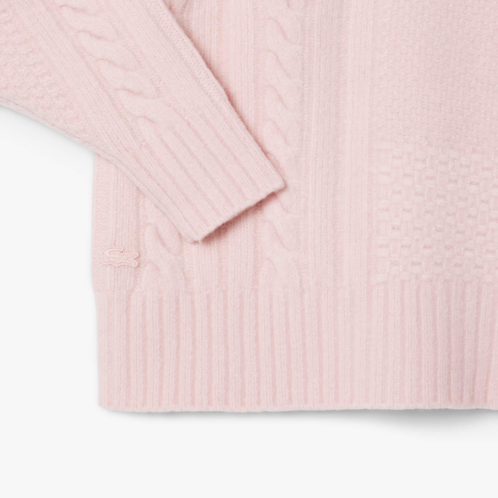 Women's Patchwork Effect High-Neck Wool Sweater - Light Pink