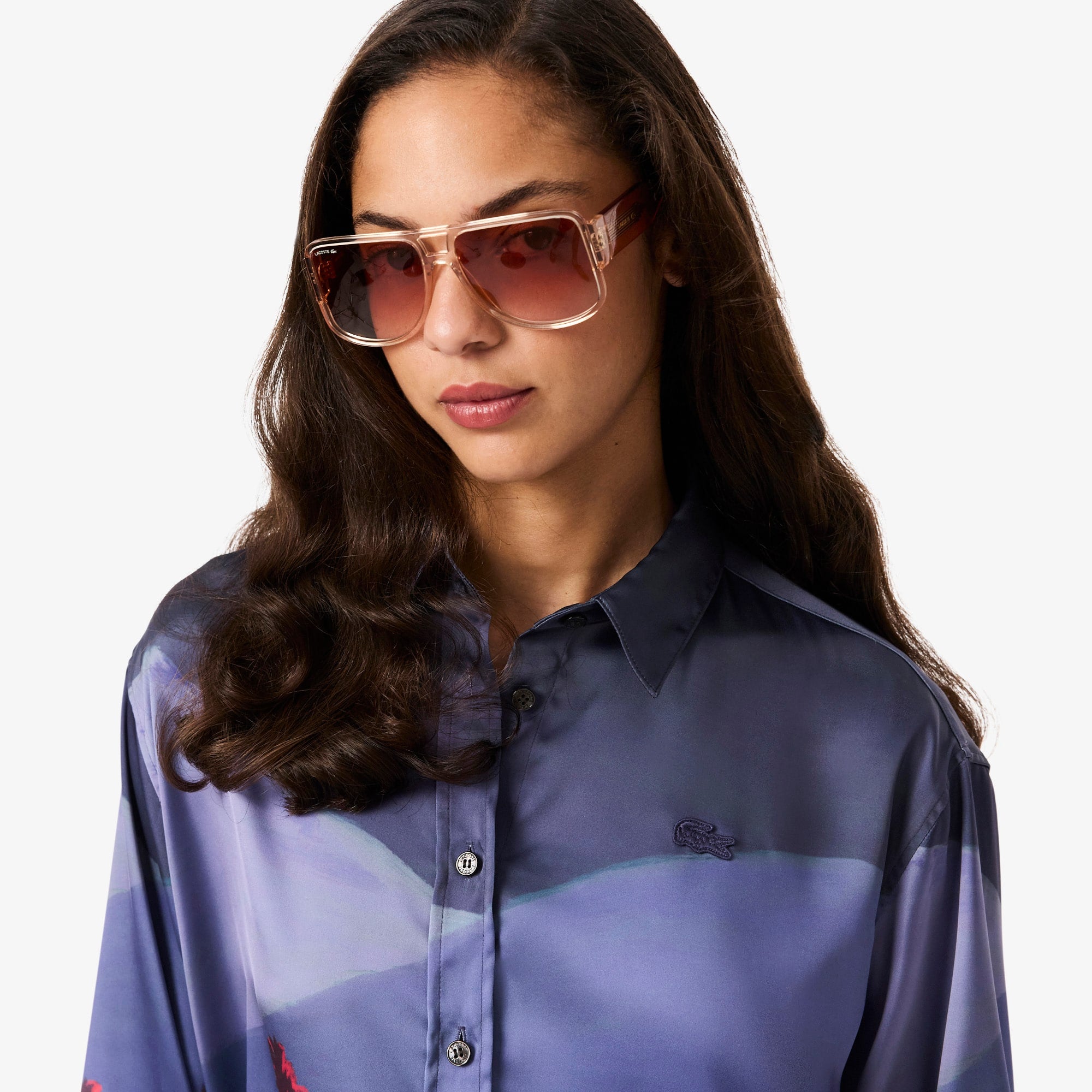 Women's Oversized Landscape Print Satin Shirt - Blue / Brown / Purple / Light Pink