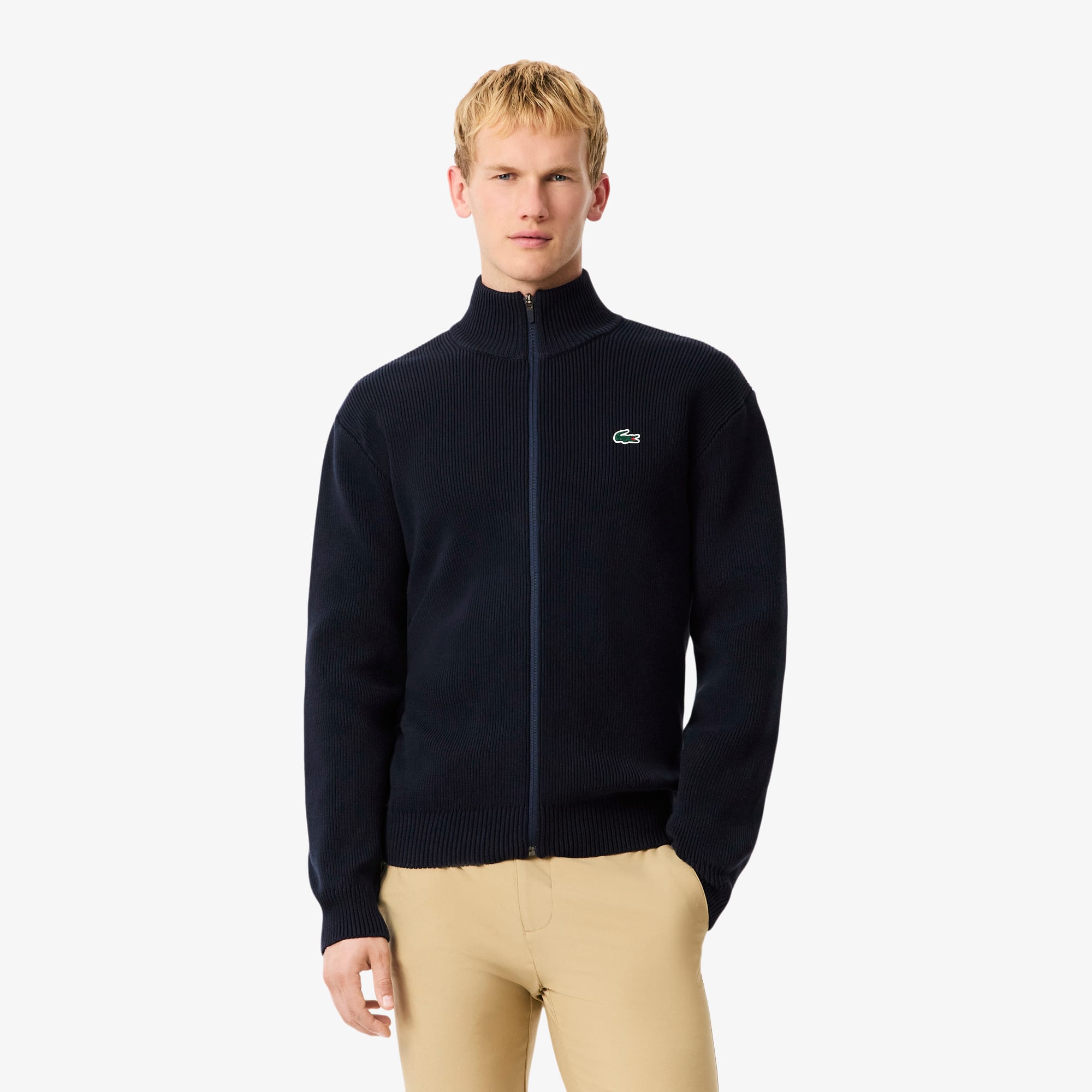 Men's Ribbed Knit Zip-Up Golf Sweater - Navy Blue