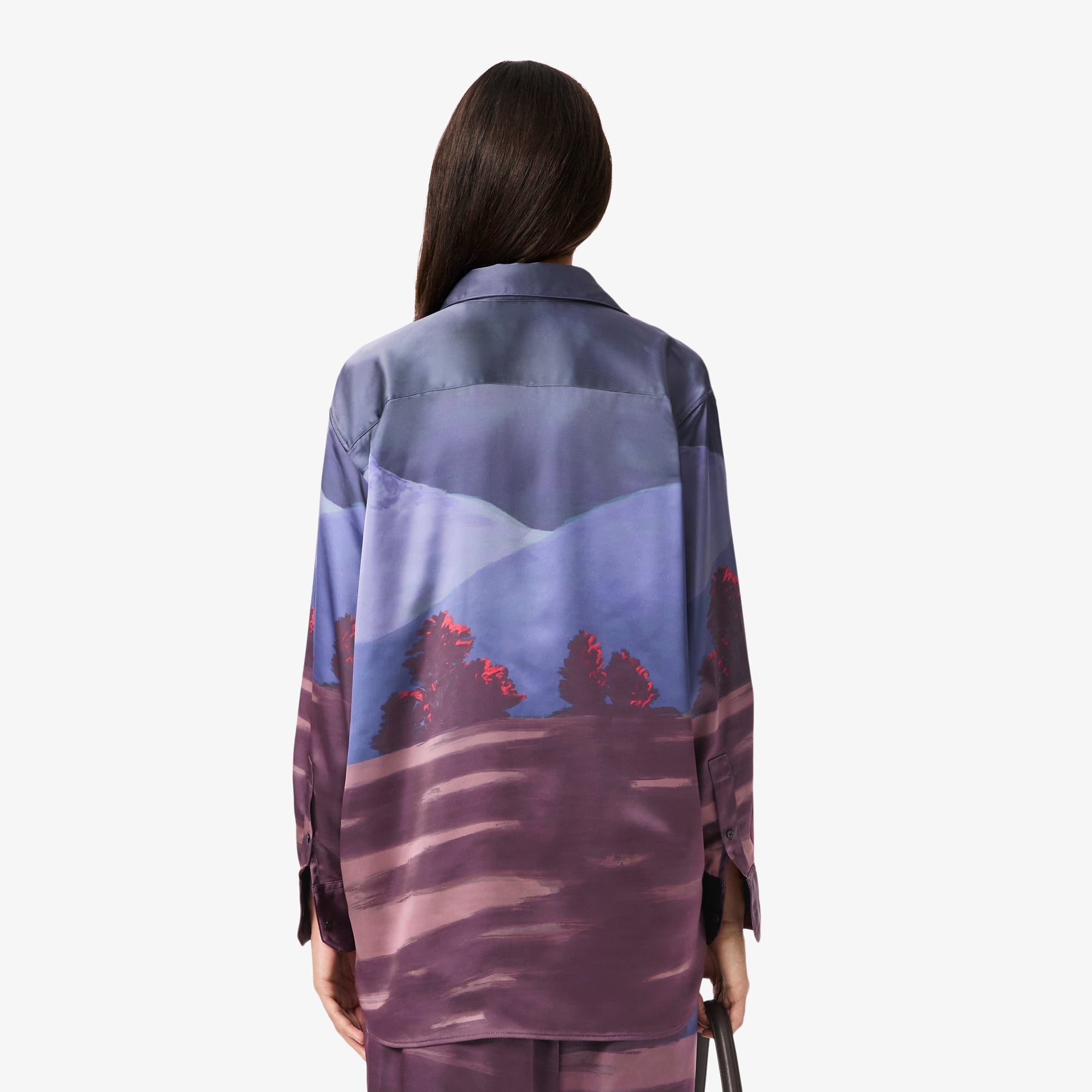 Women's Oversized Landscape Print Satin Shirt - Blue / Brown / Purple / Light Pink