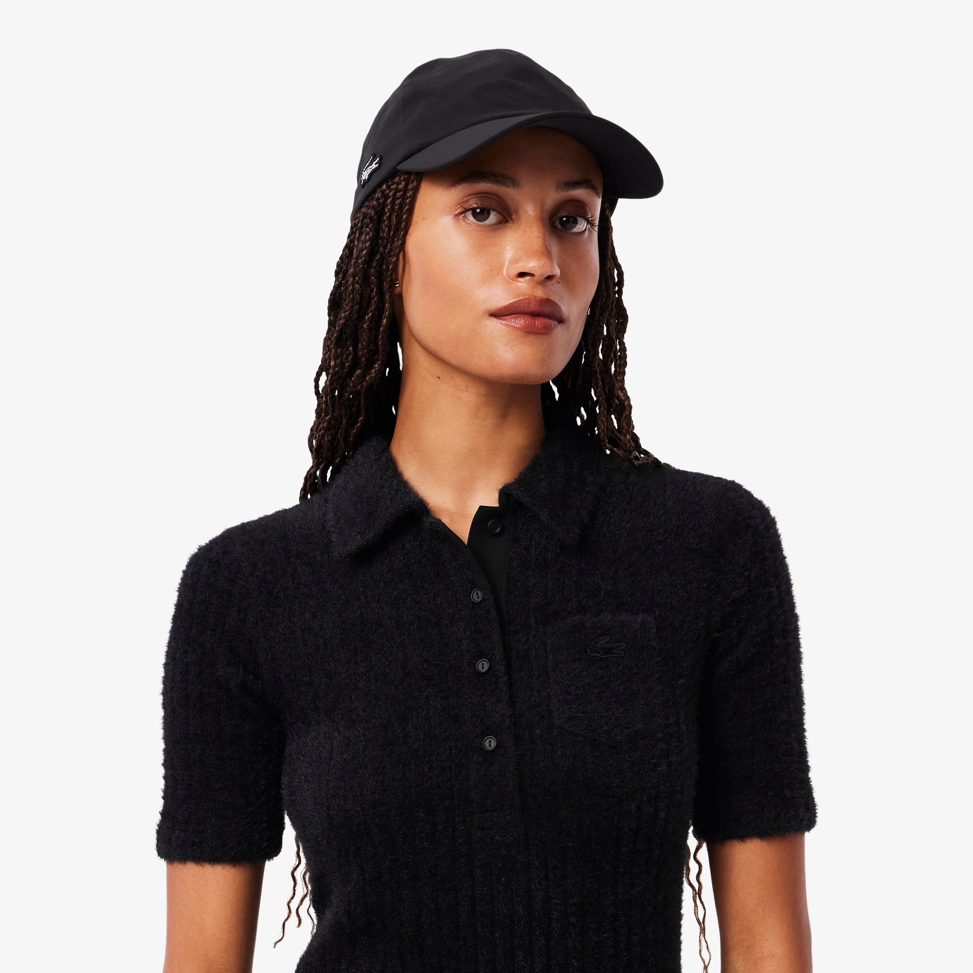 Women's Fuzzy Ribbed Knit Polo Collar Dress - Black