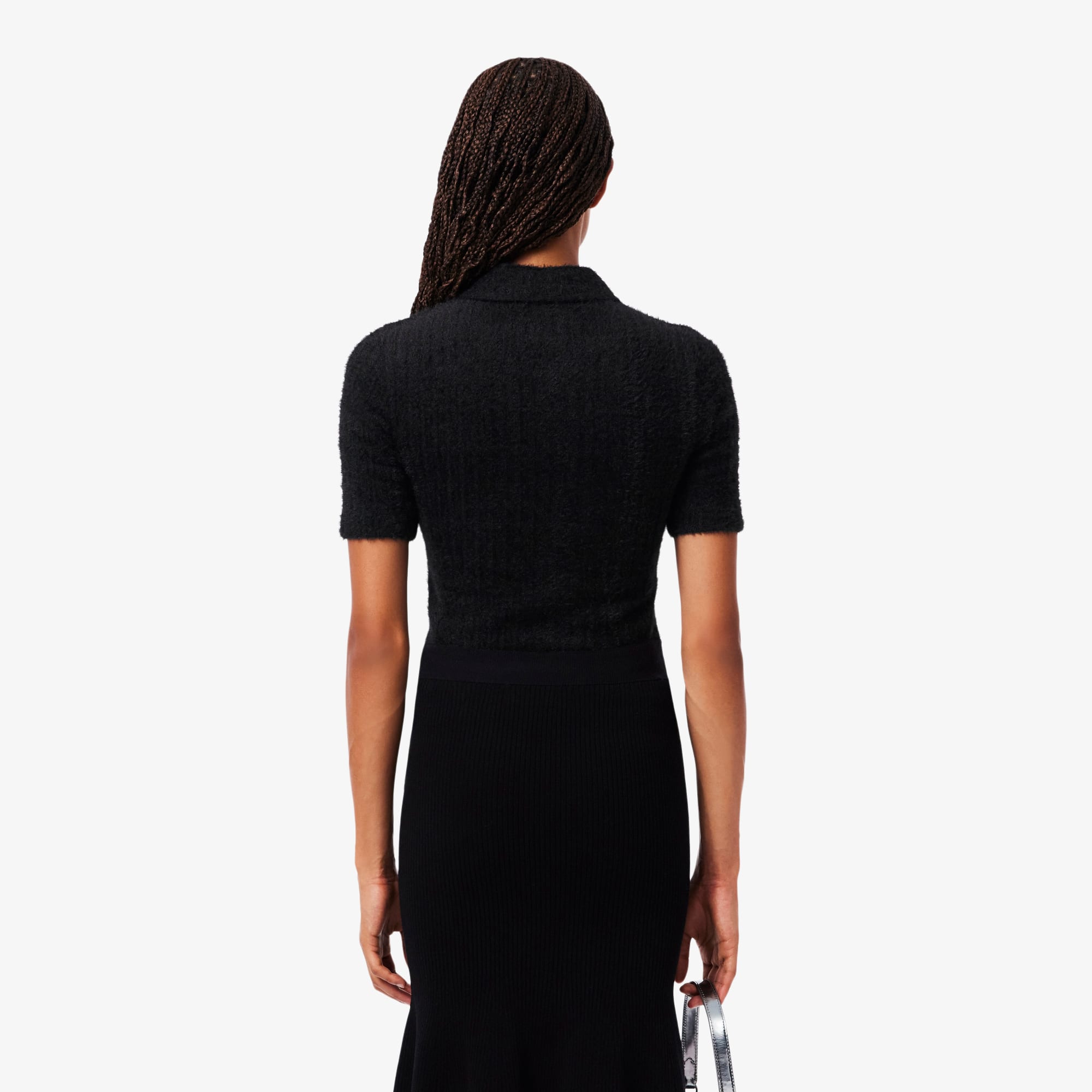 Women's Slim Fit Fuzzy Rib Knit Polo - Black