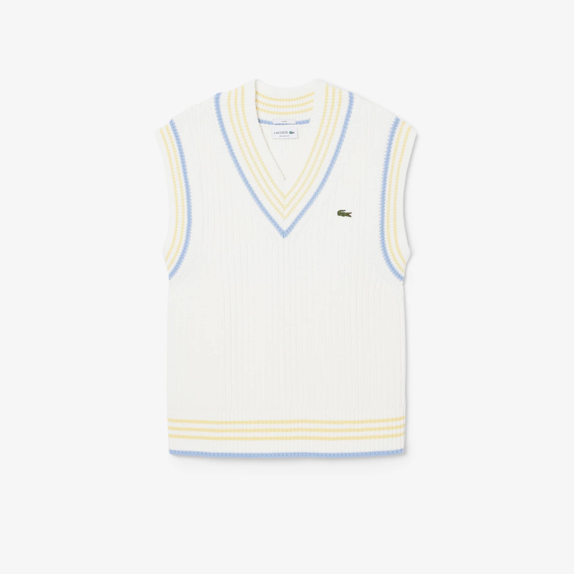 Striped Rib Knit Cotton Sweater Vest - Blanc / Bleu Clair / Jaune