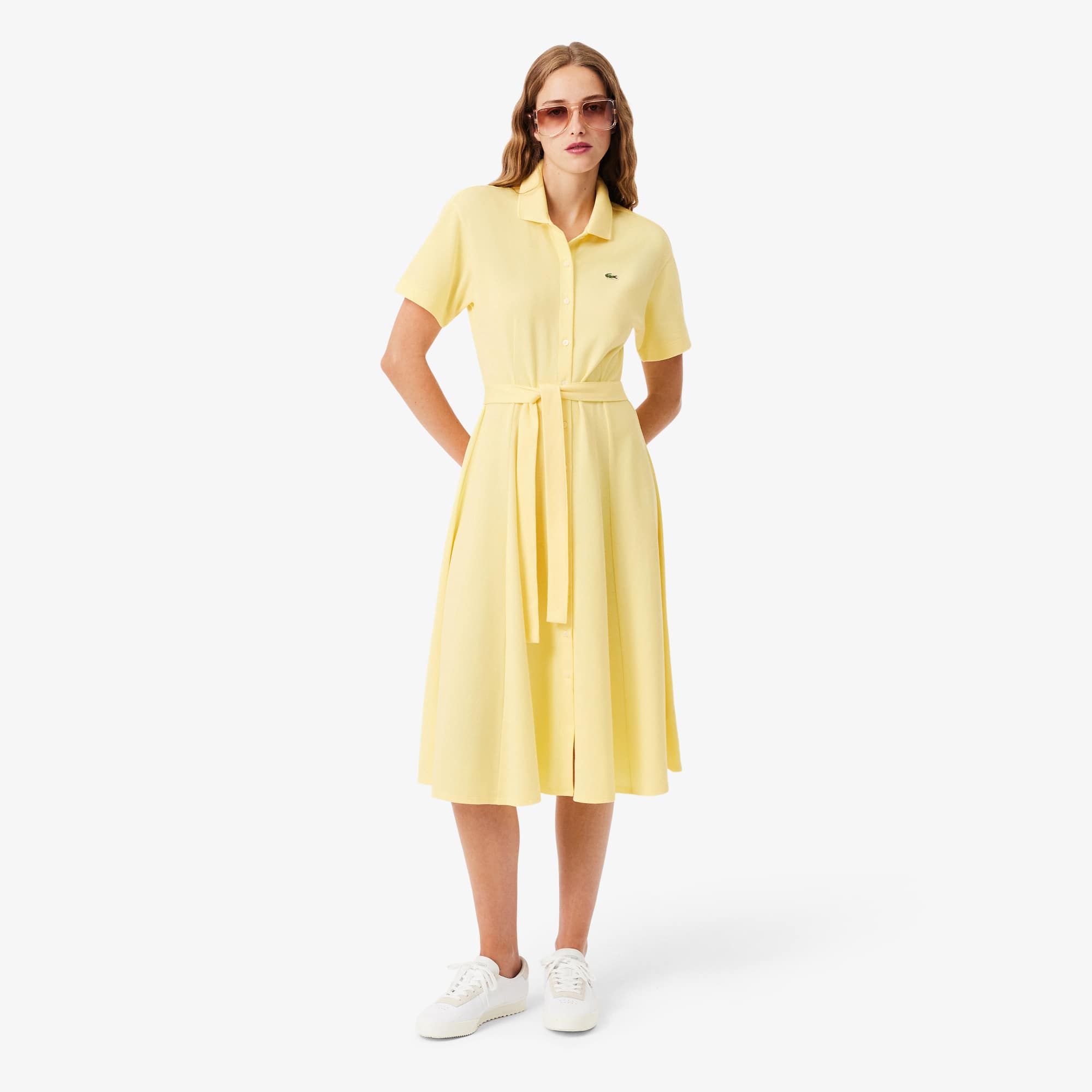 Women's Flared Mini-Piqué Polo Dress - Pastel yellow