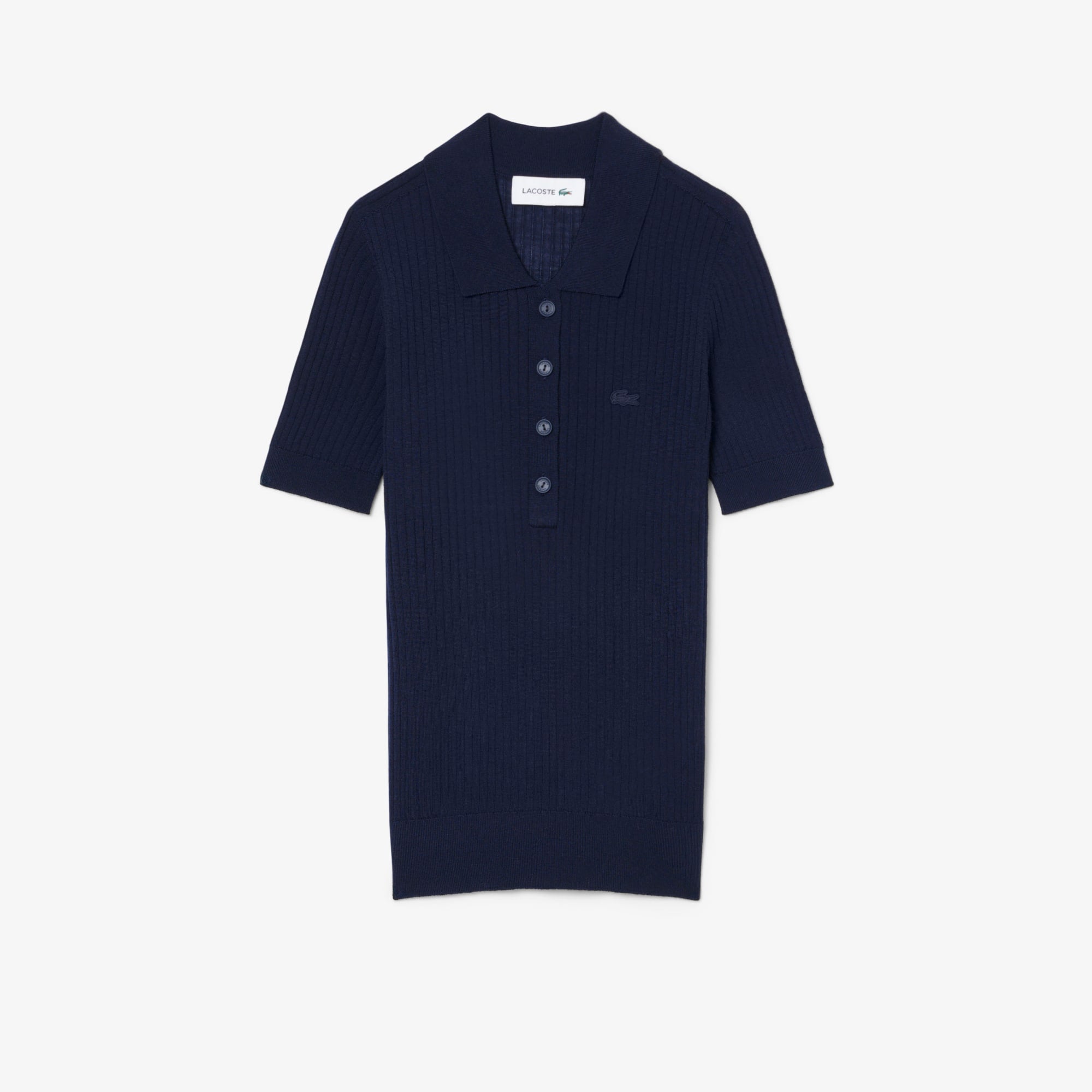 3D Rib Knit Polo Collar Merino Wool Sweater - Navy Blue
