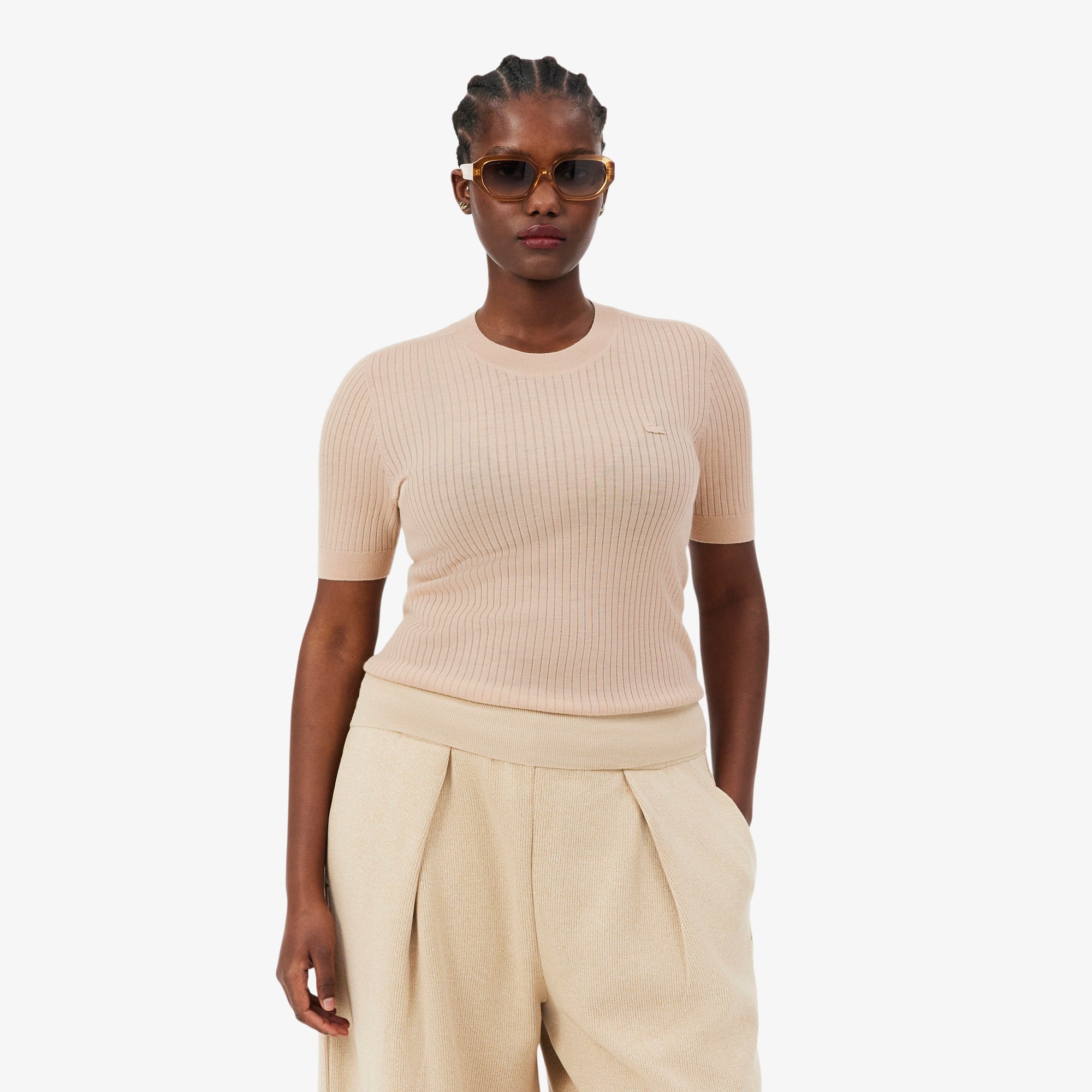 Women's Short Sleeve Merino Wool Rib Knit Sweater - Beige