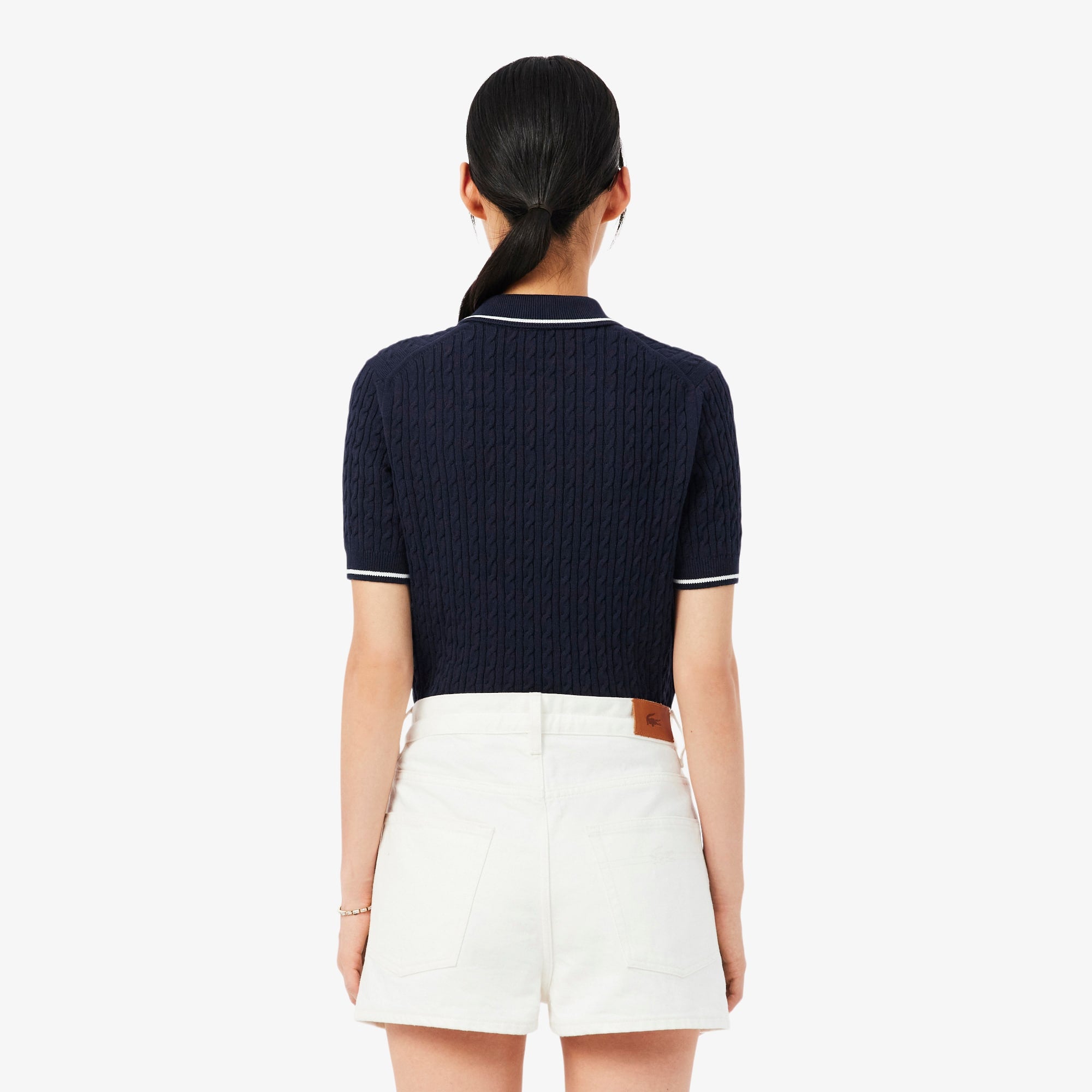 Striped Cable Knit Polo Collar Sweater - Navy Blue