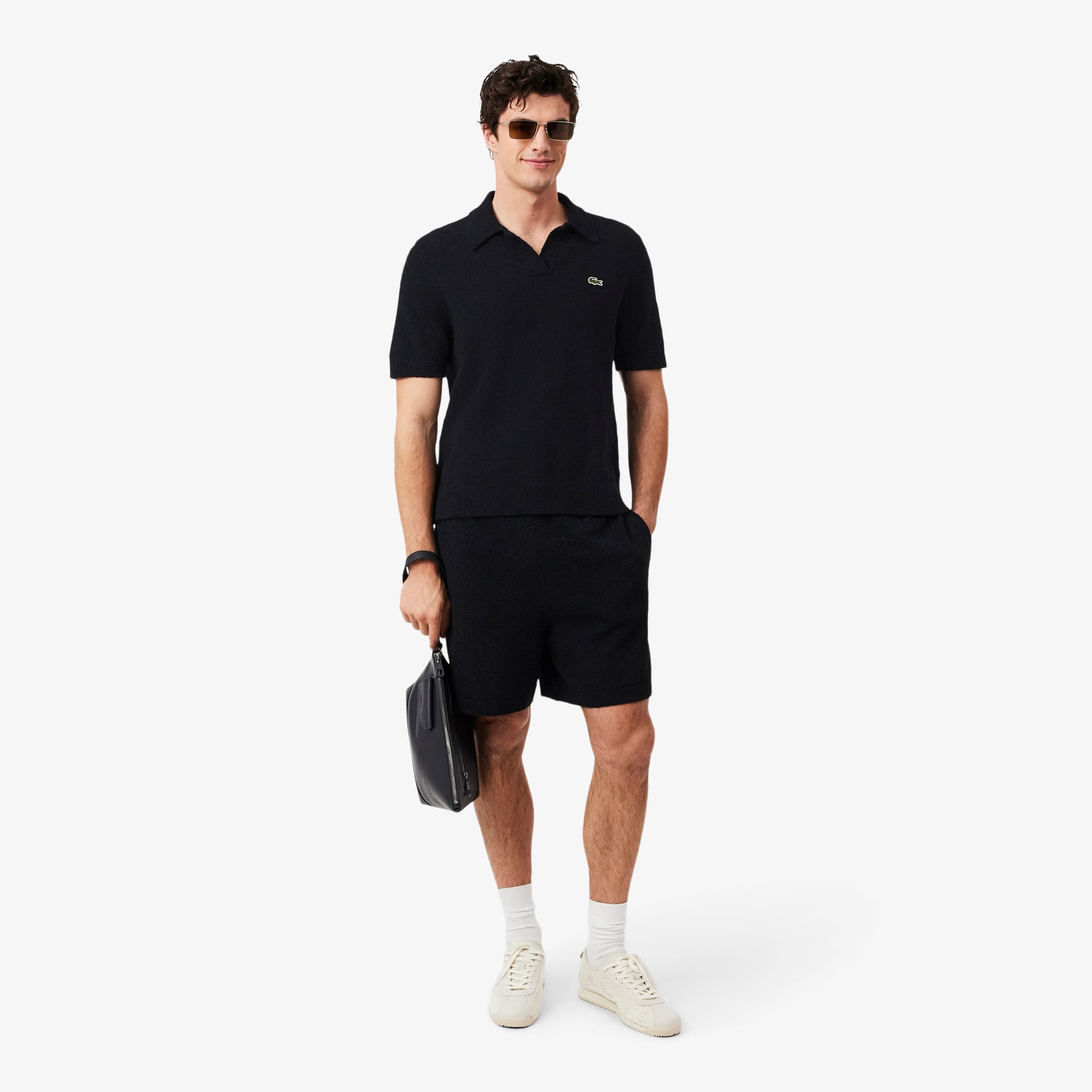 Classic Fit Bouclé Knit Polo - Black