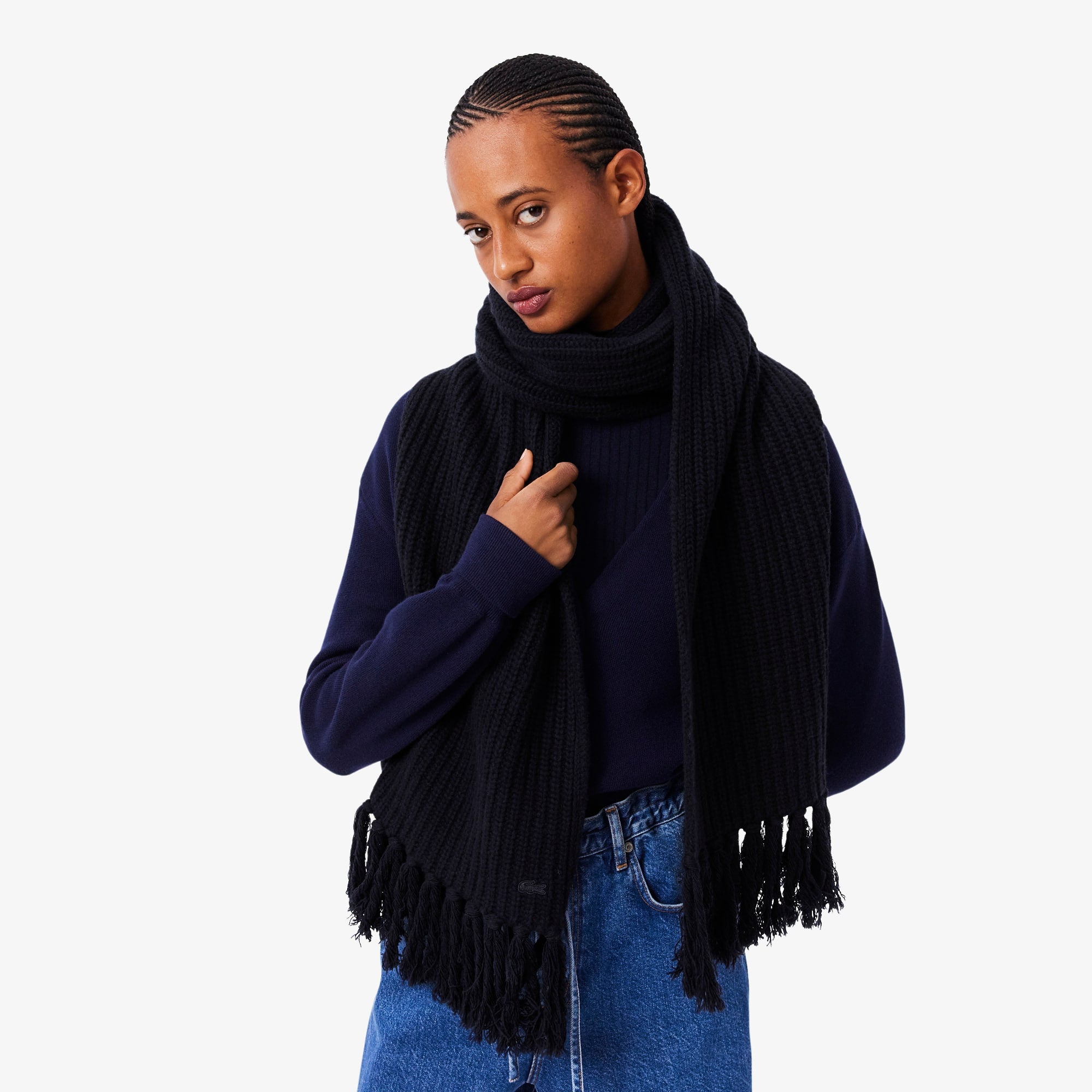 Women's Fringed Wool Scarf - Navy Blue