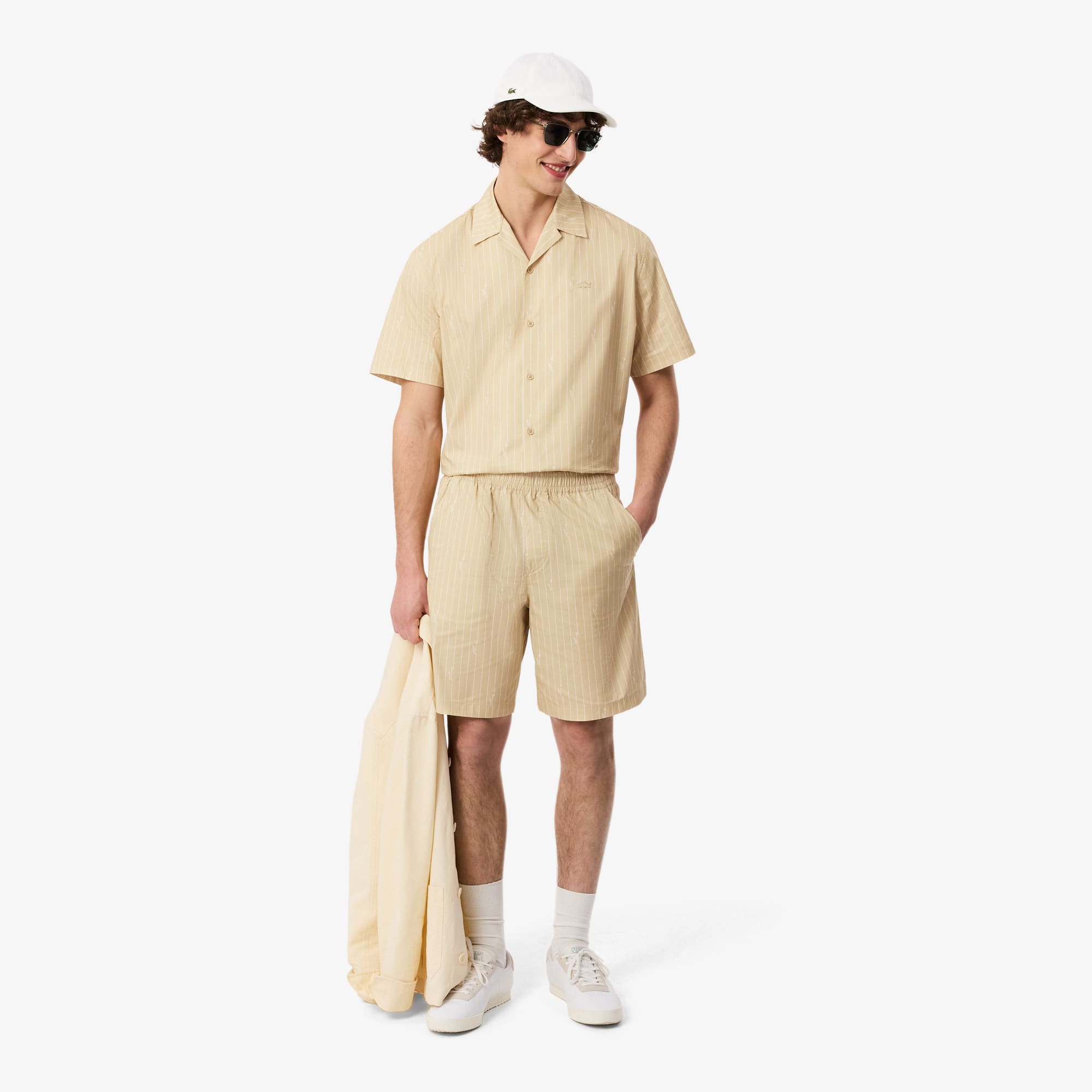Print Stripe Cotton Shorts - Beige / Blanc