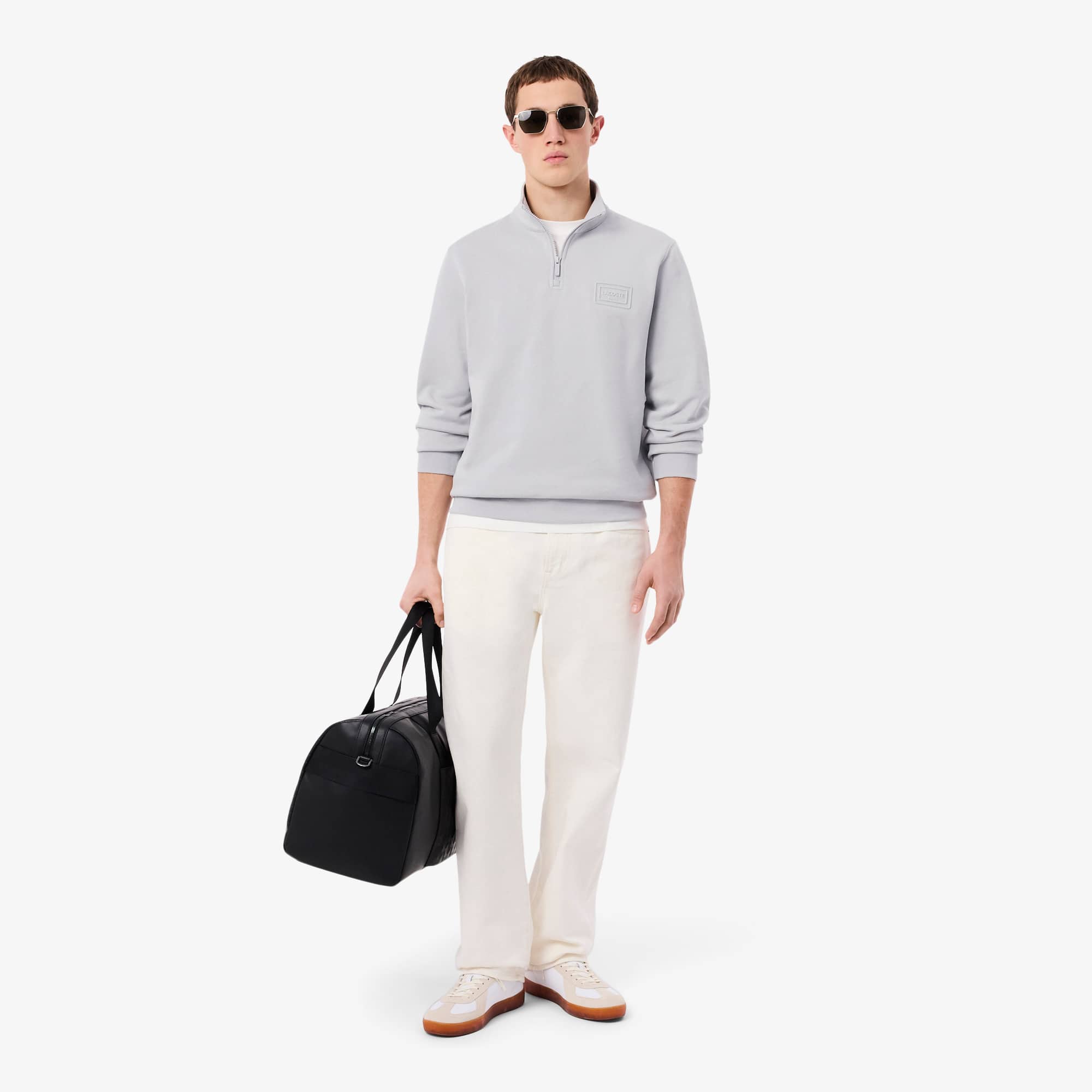 High Neck Embossed Zipped Sweatshirt - Light Grey