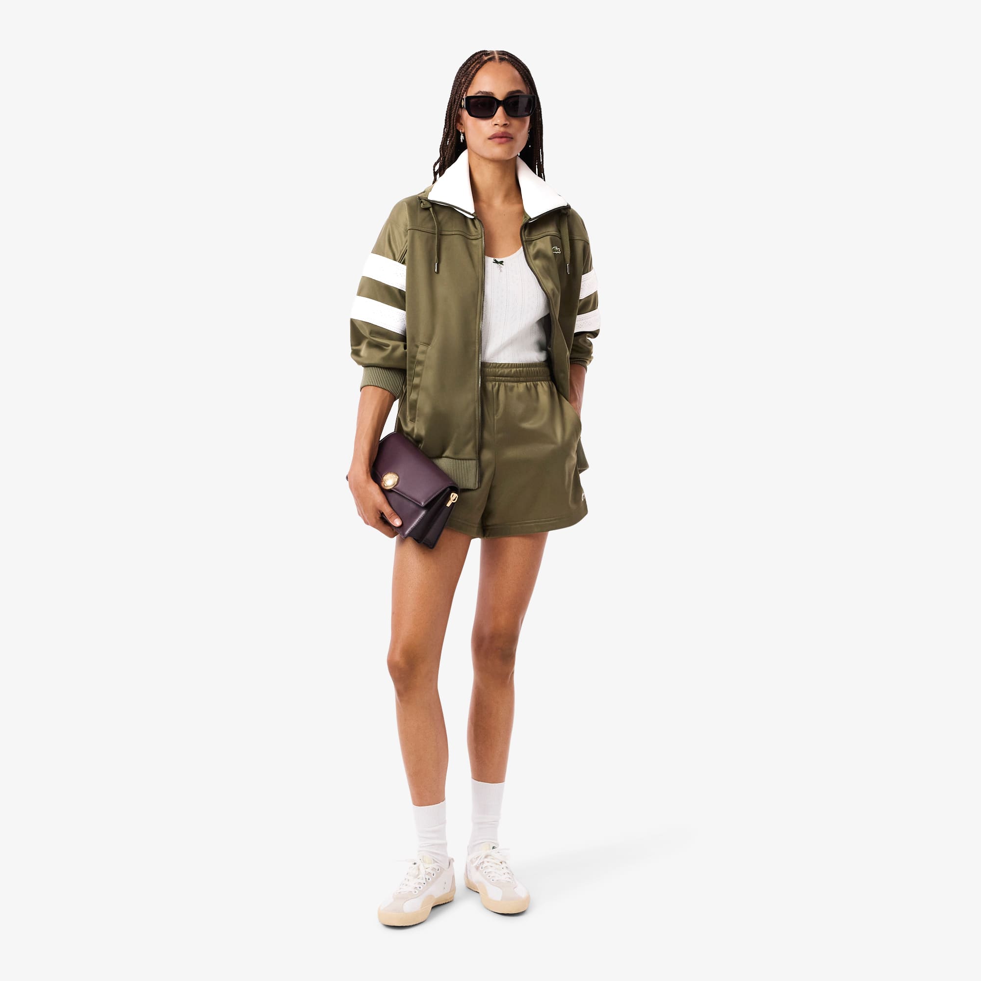 Women's Oversized Pointelle Stripe Satin Sweatshirt - Khaki Green