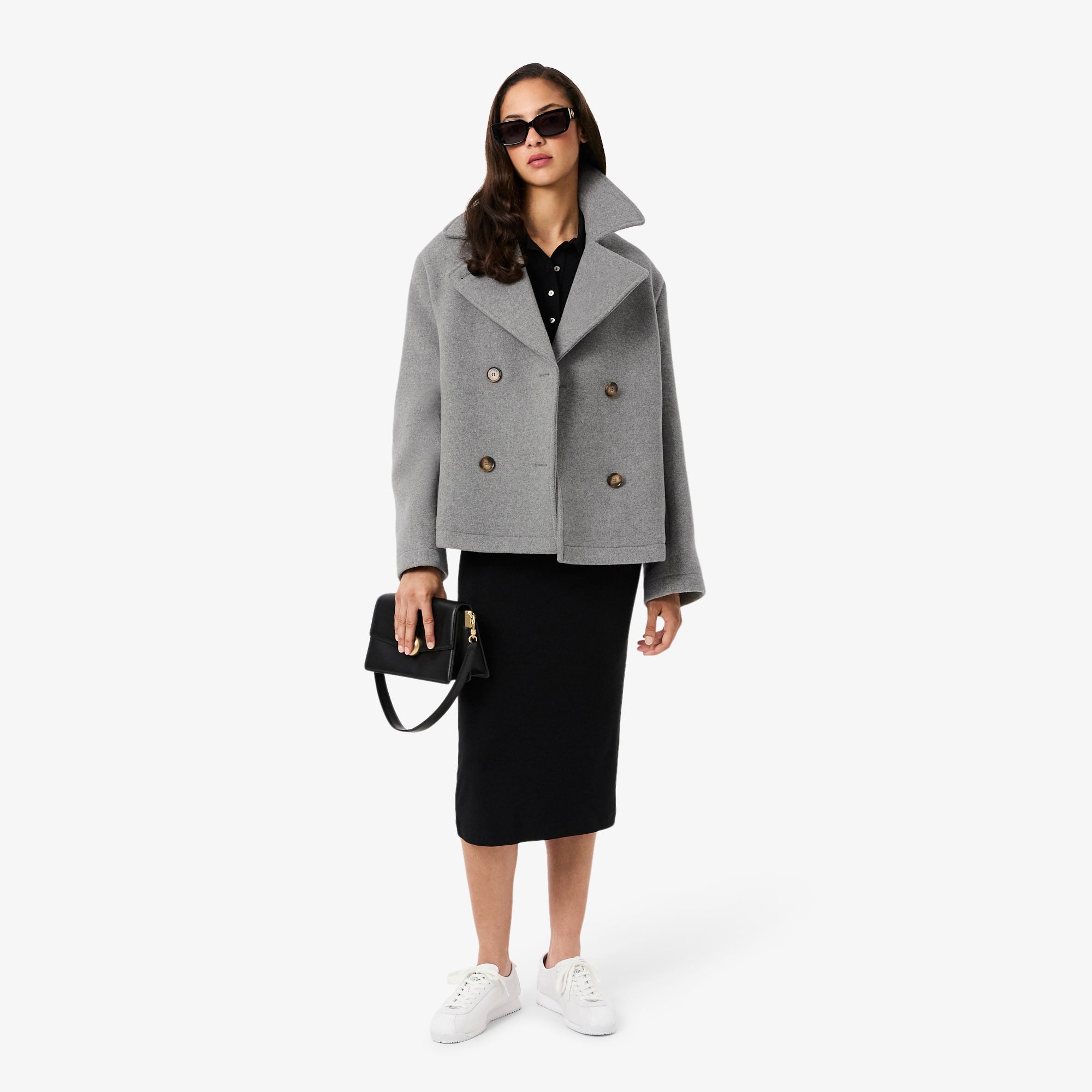 Women's Short Oversized Wool Blend Pea Coat - Grey pitch