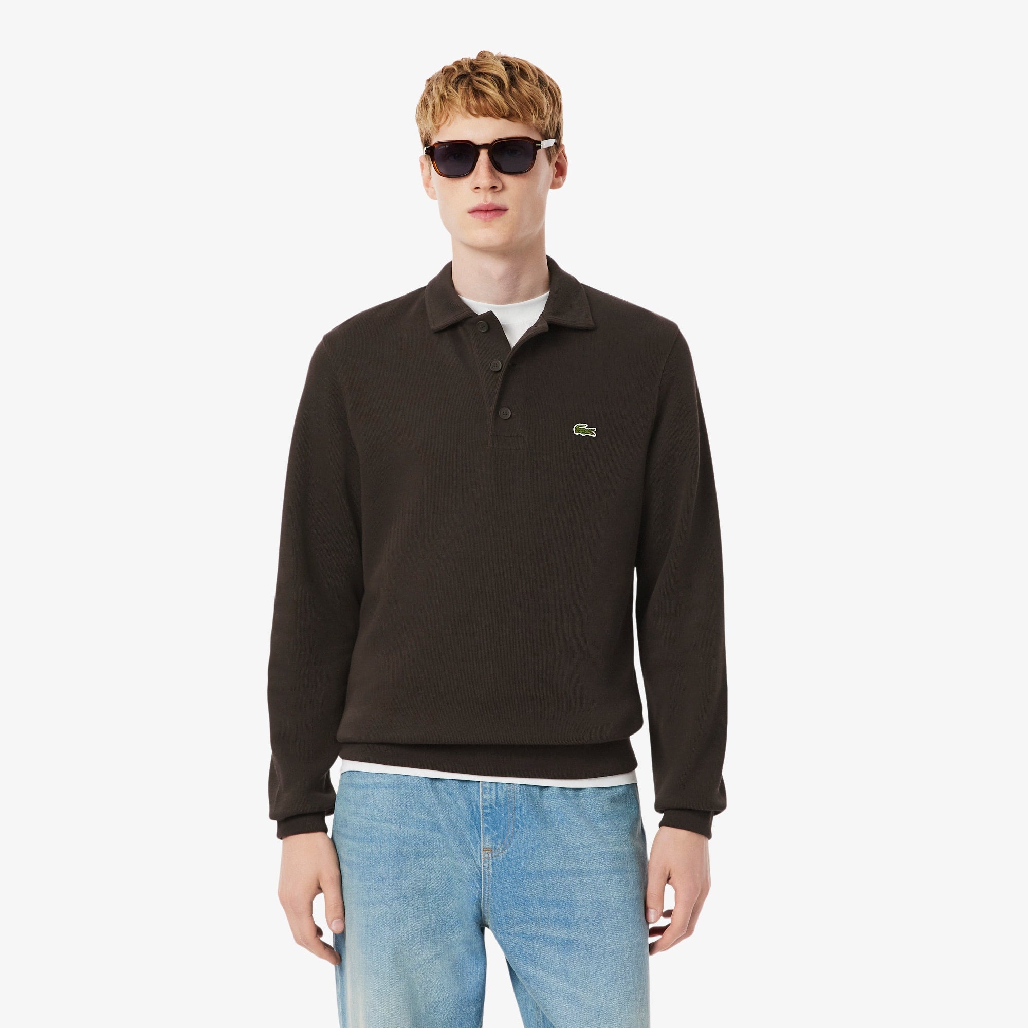 Men's Ribbed Cotton Polo Collar Sweatshirt - Brown