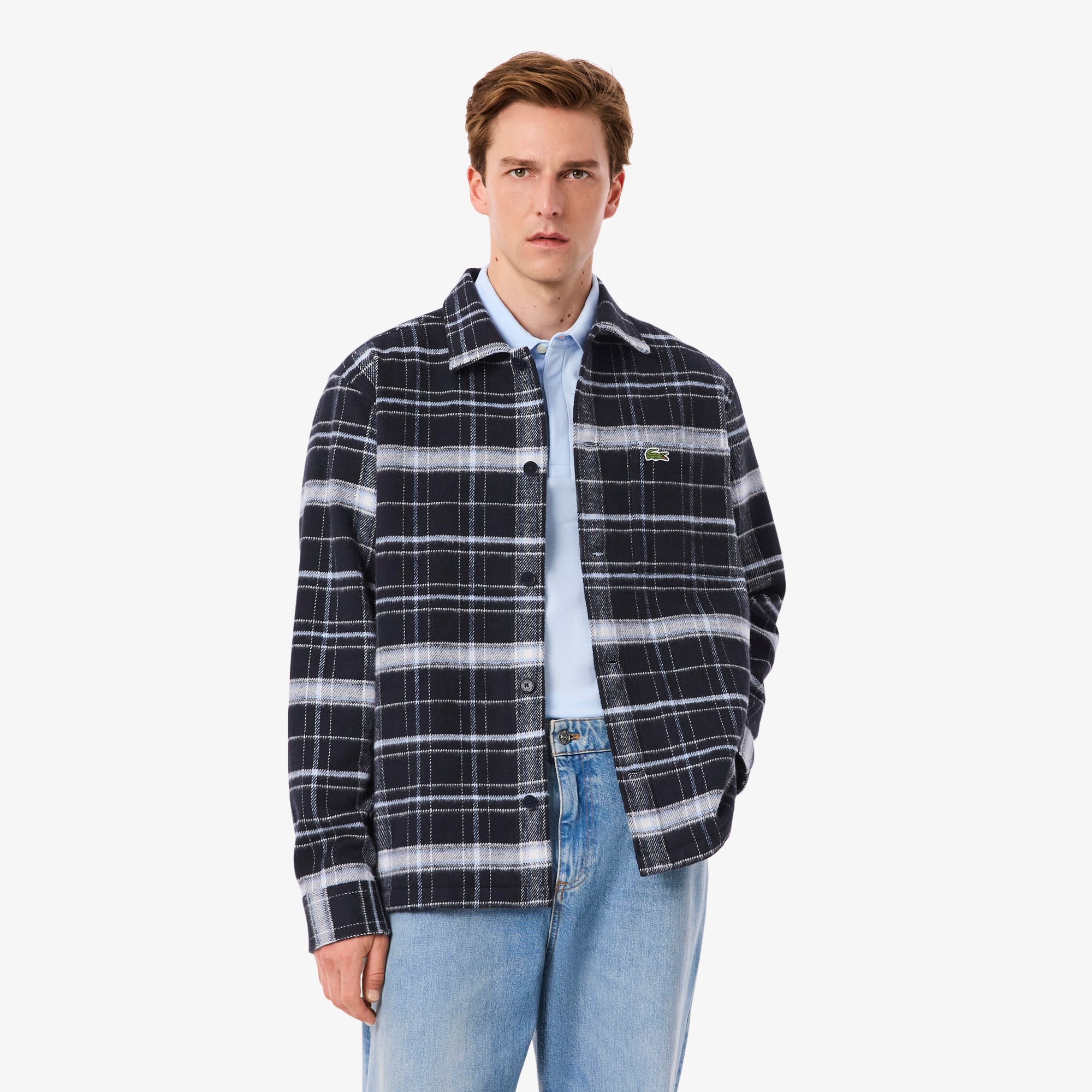 Men's Cotton Plaid Overshirt - Navy Blue / White / Blue