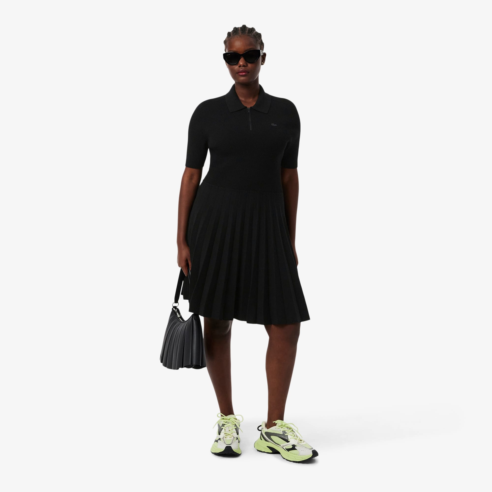 Women's Pleated Polo Collar Dress - Black