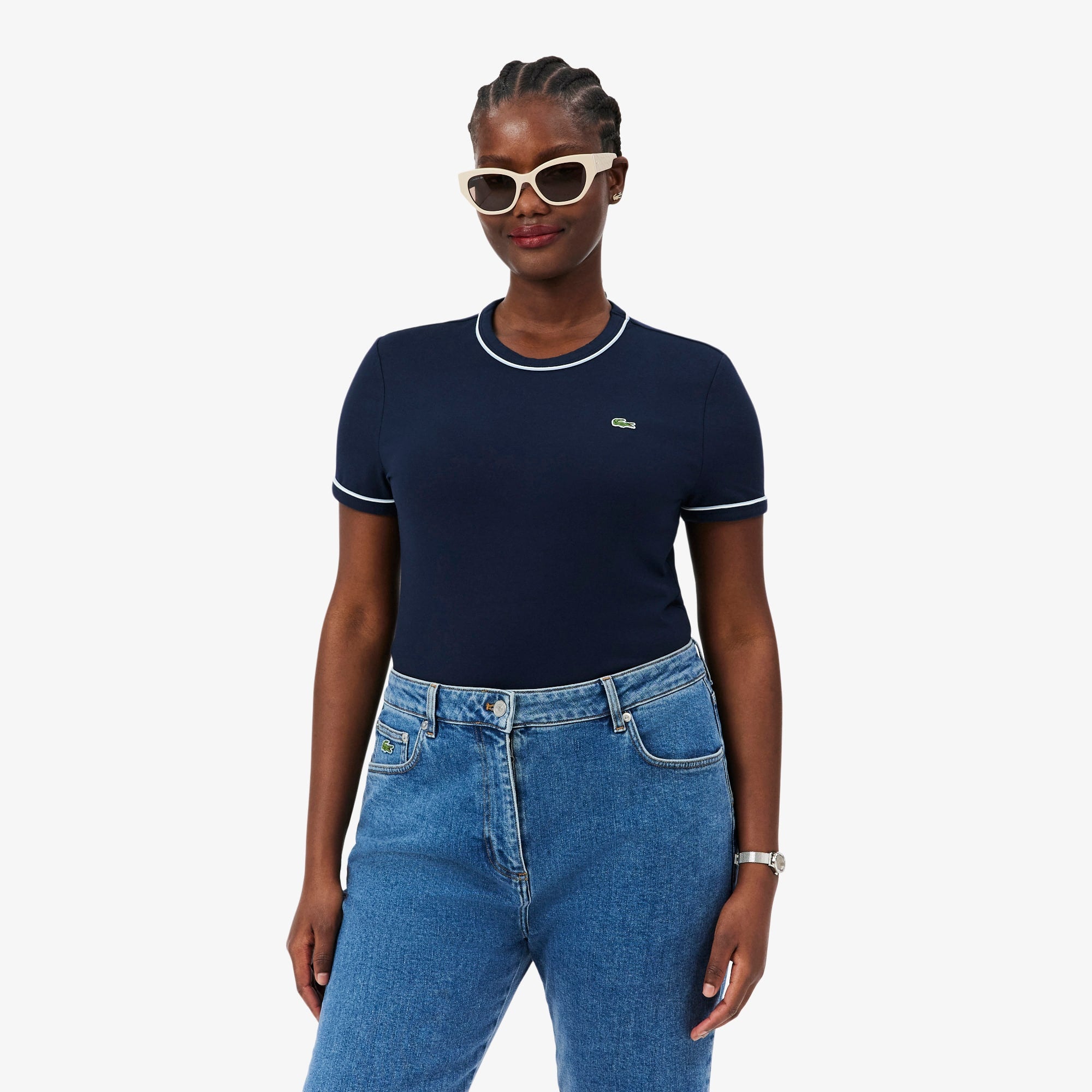 Women's Contrast Trim Jersey T-Shirt - Bleu Marine / Bleu Clair / Blanc