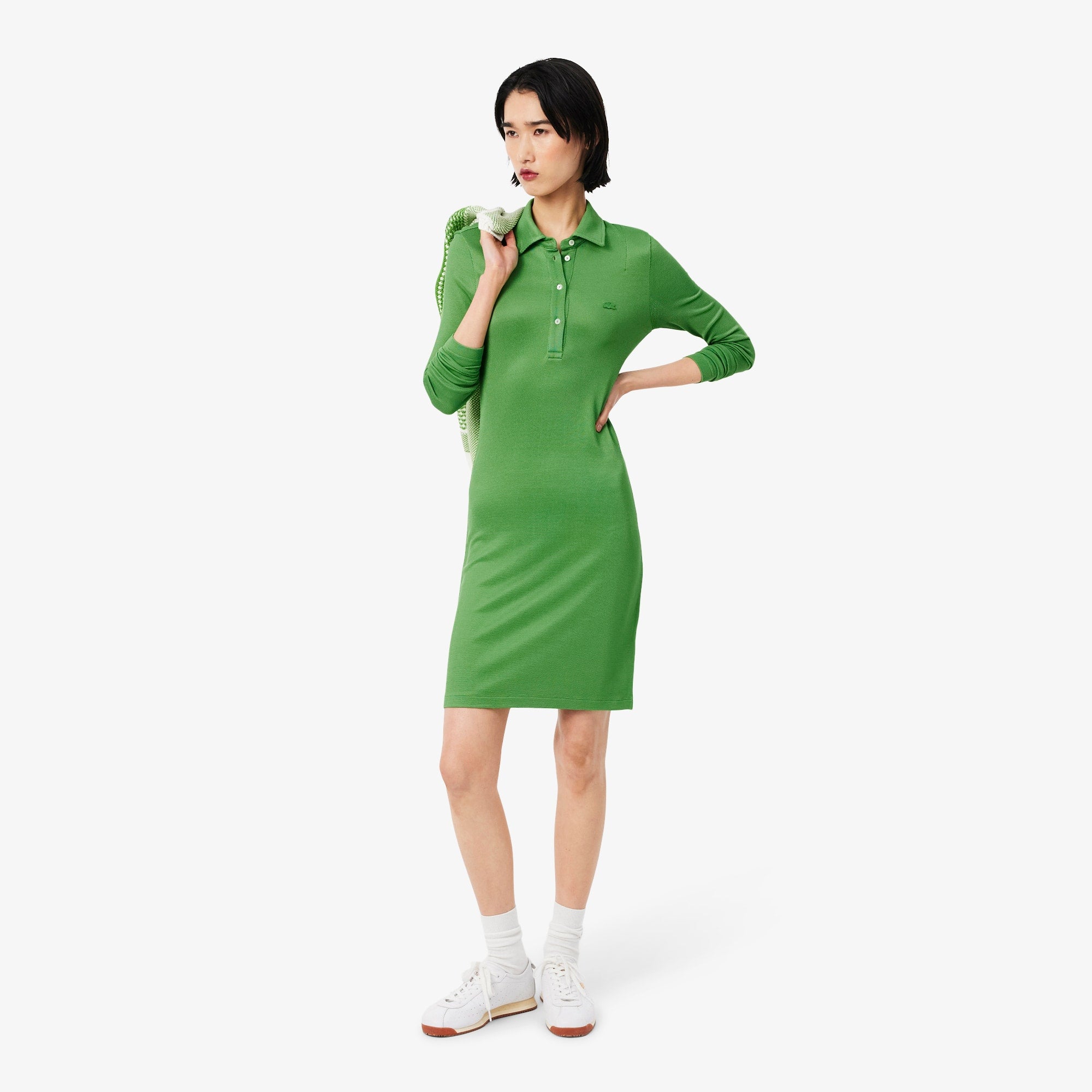 Fluid Satin Piqué Polo Dress - Vert