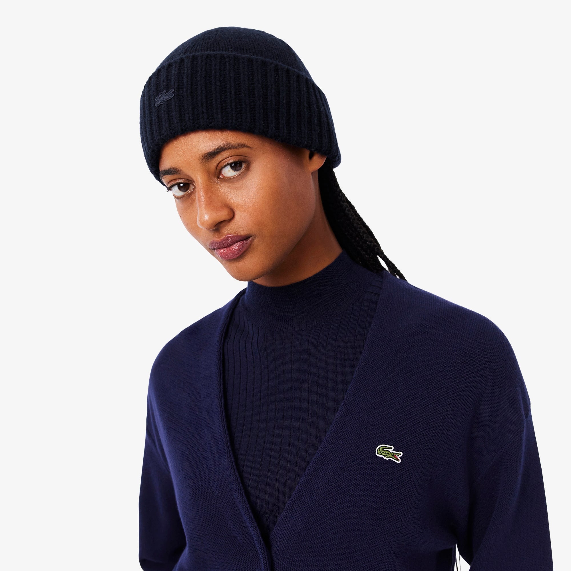 Women's 3D Rib Knit Wool Beanie - Navy Blue