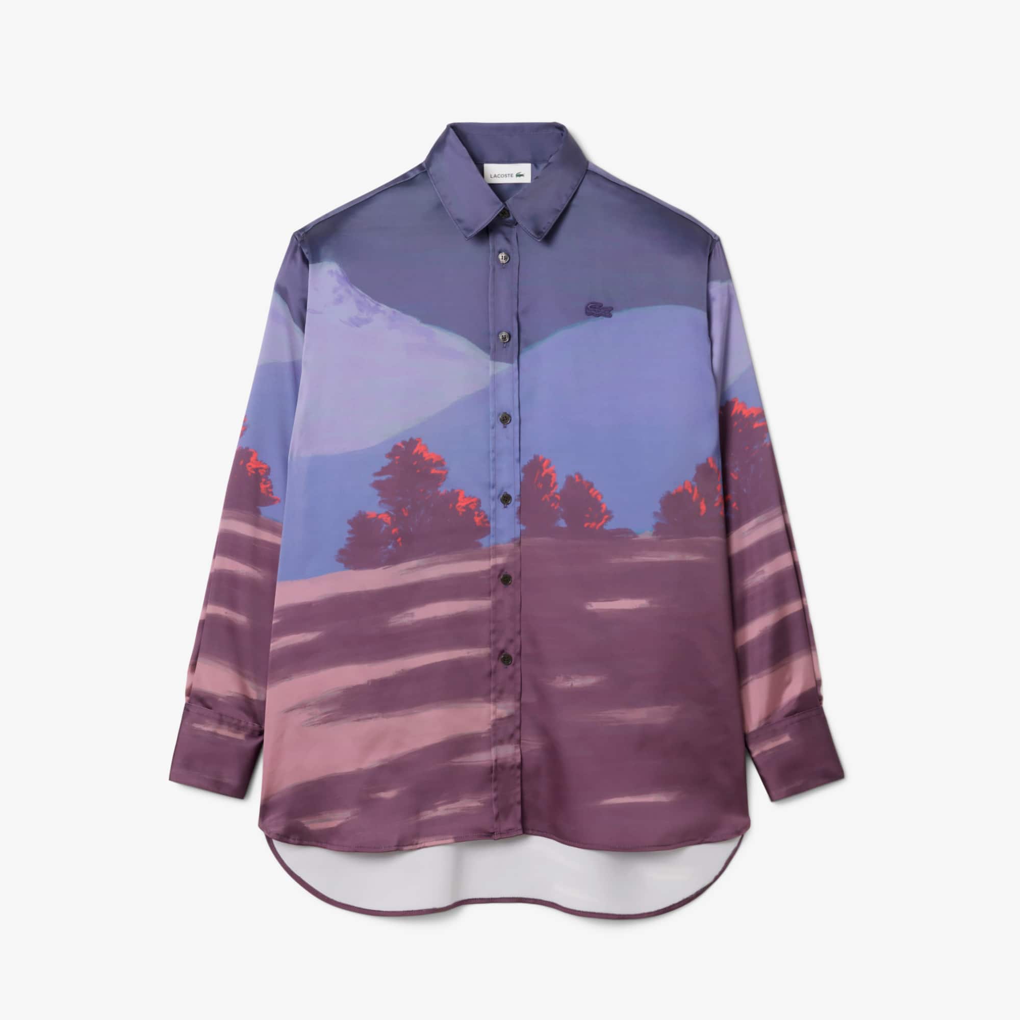 Women's Oversized Landscape Print Satin Shirt - Blue / Brown / Purple / Light Pink