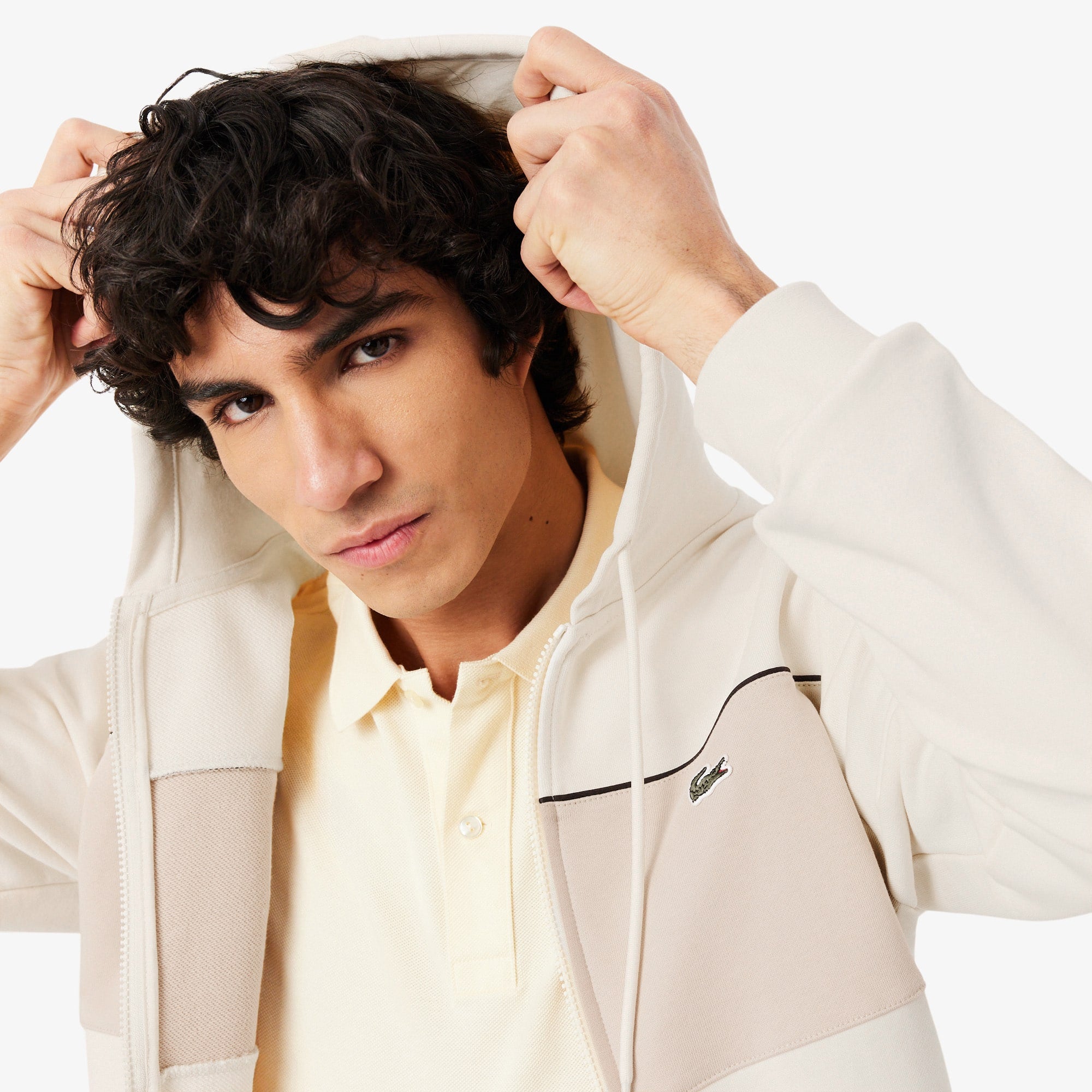 Colorblock Zipped Hoodie - Beige