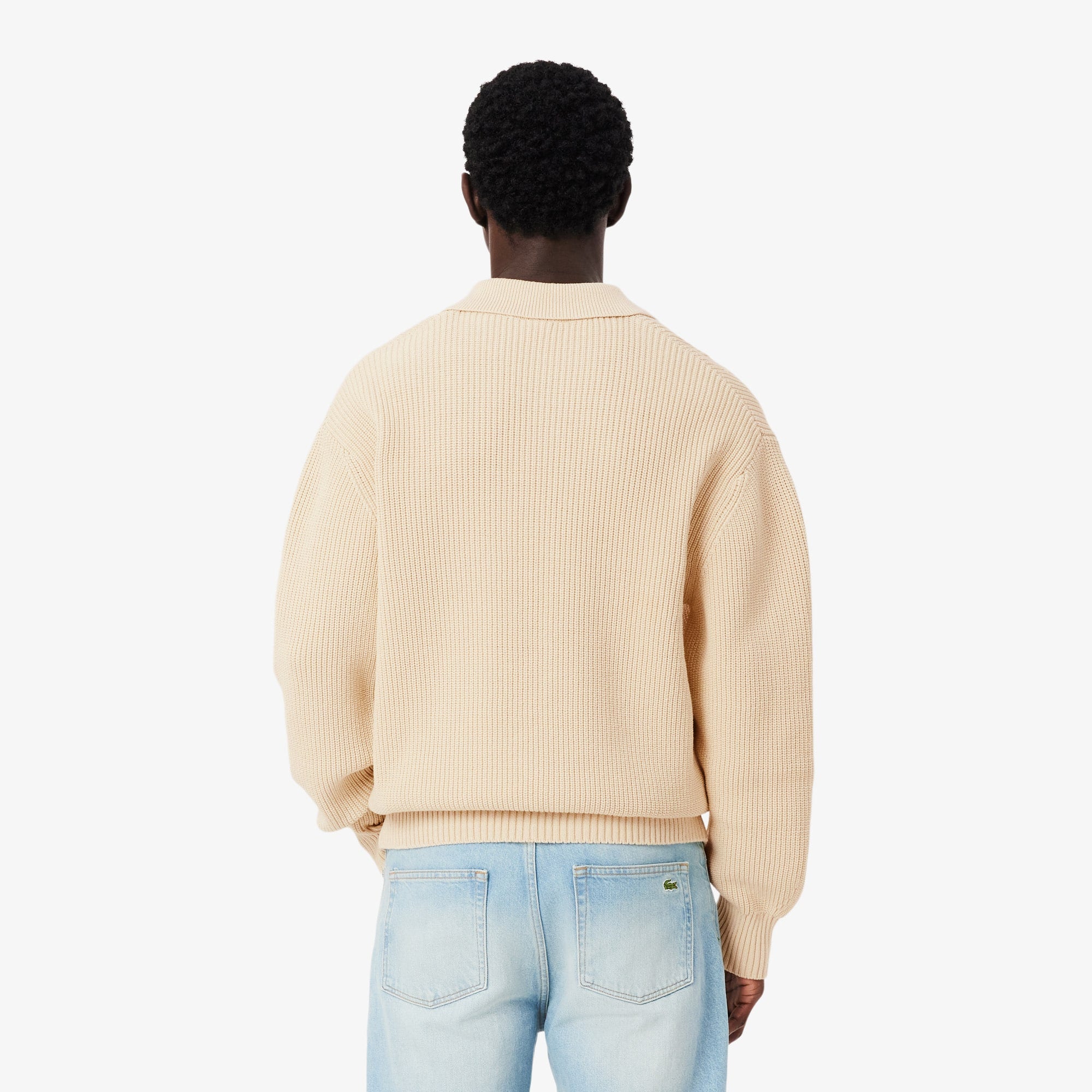 Badge Accent Pearl Rib Polo Collar Sweater - Lemon Beige