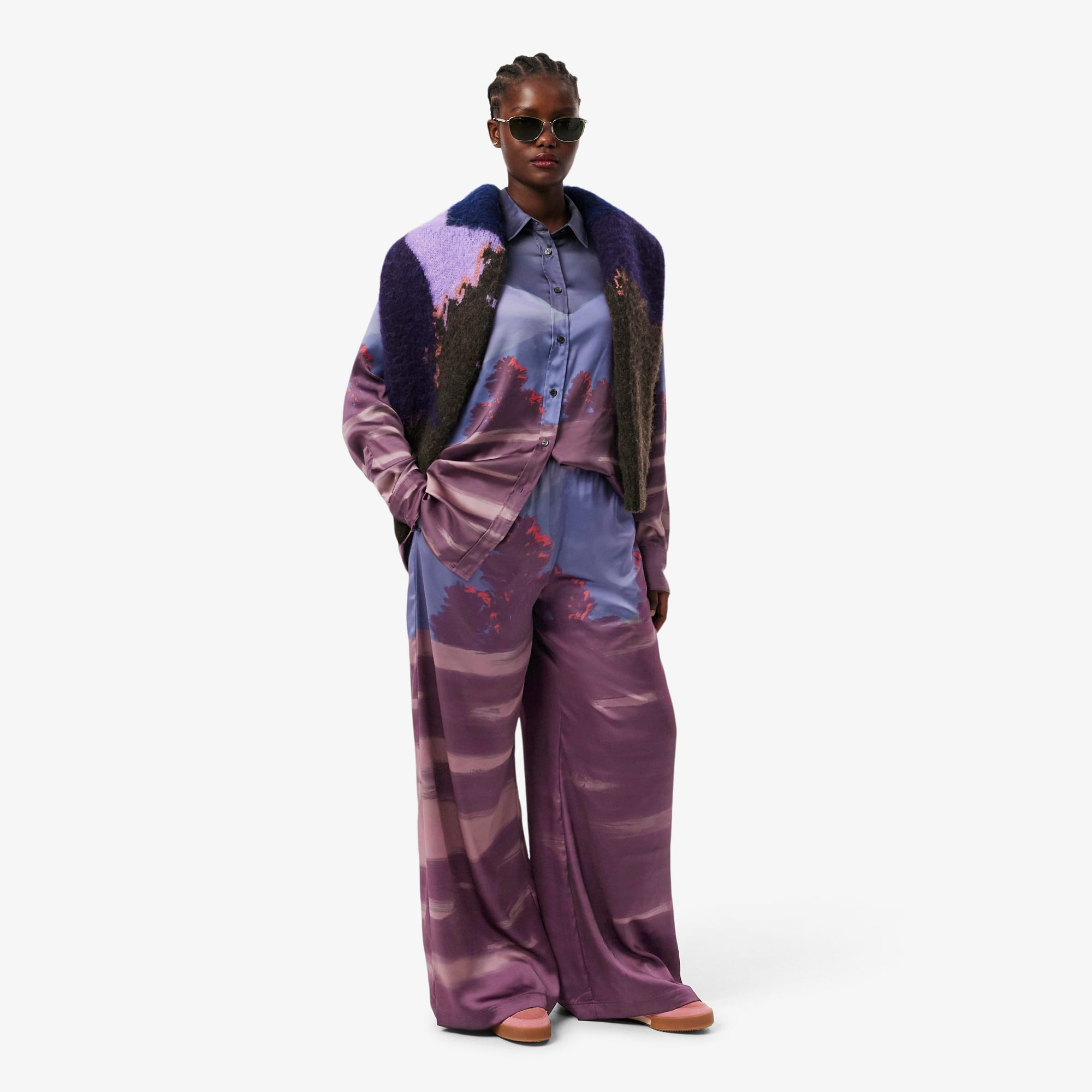 Women's Oversized Landscape Print Satin Shirt - Blue / Brown / Purple / Light Pink