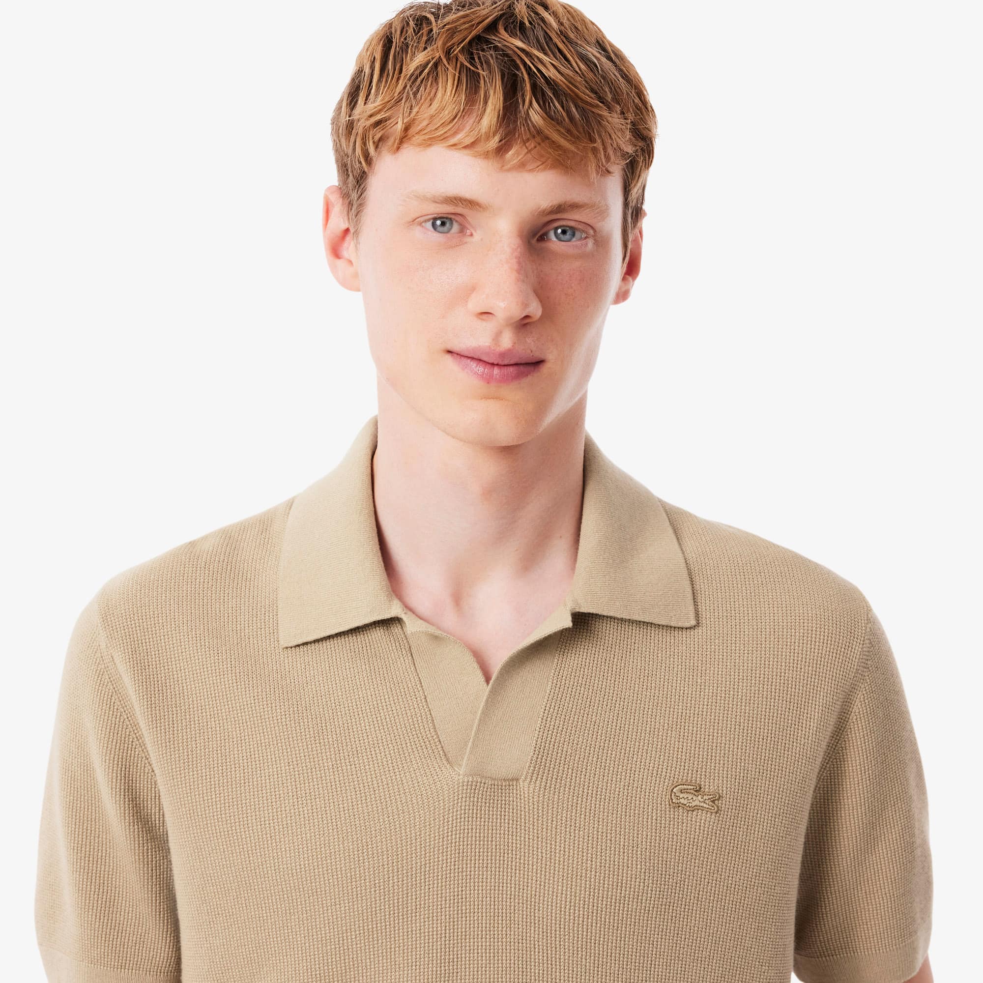 Men's Cotton Blend Open Polo Collar Sweater - Beige