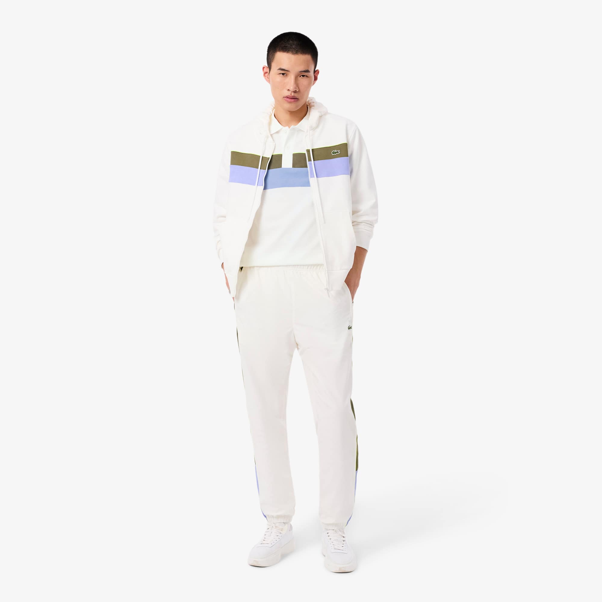 Men's Regular Fit Colorblock Petit Piqué Polo - White / Khaki Green / Purple