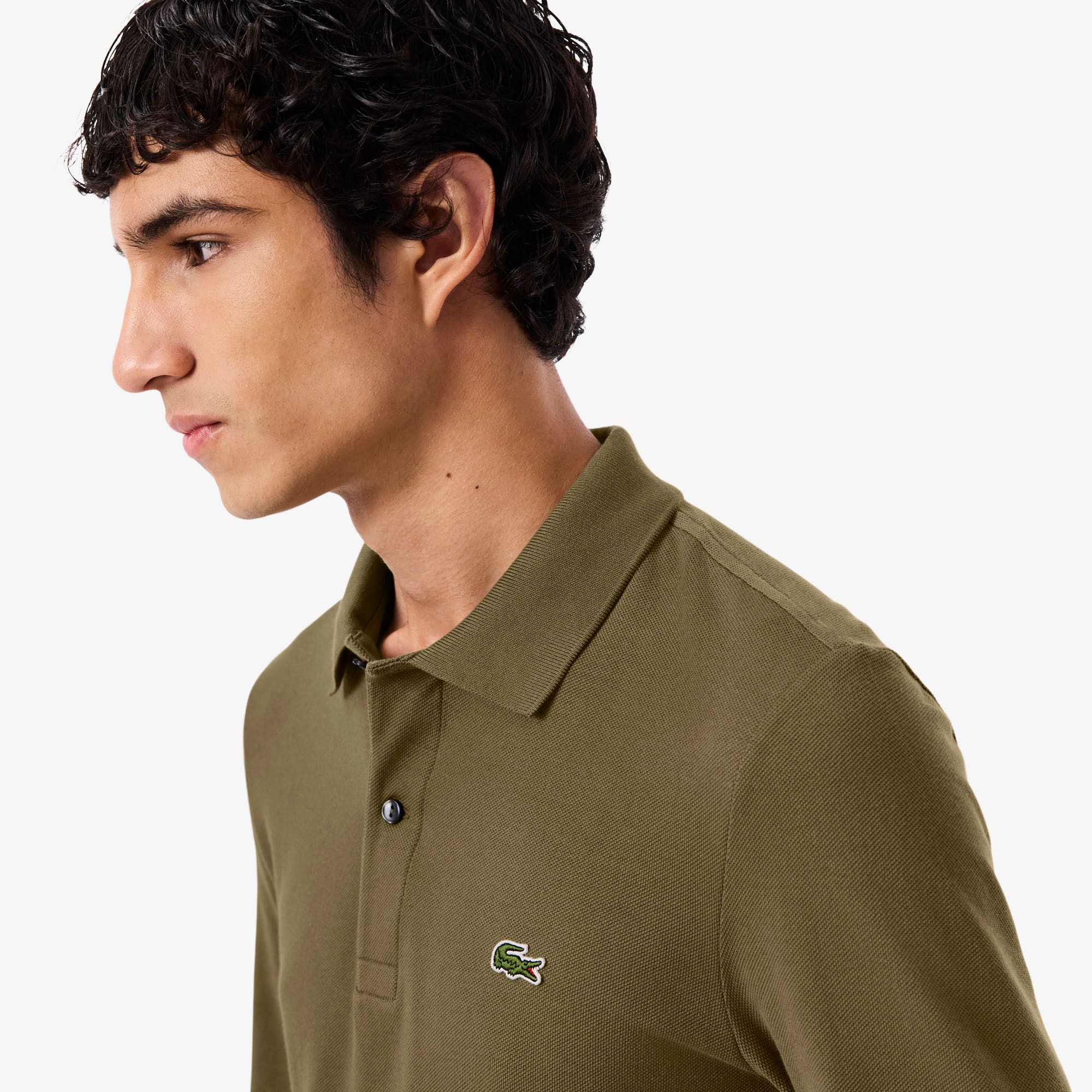 Men's Slim Fit Long Sleeve Polo - Khaki Green