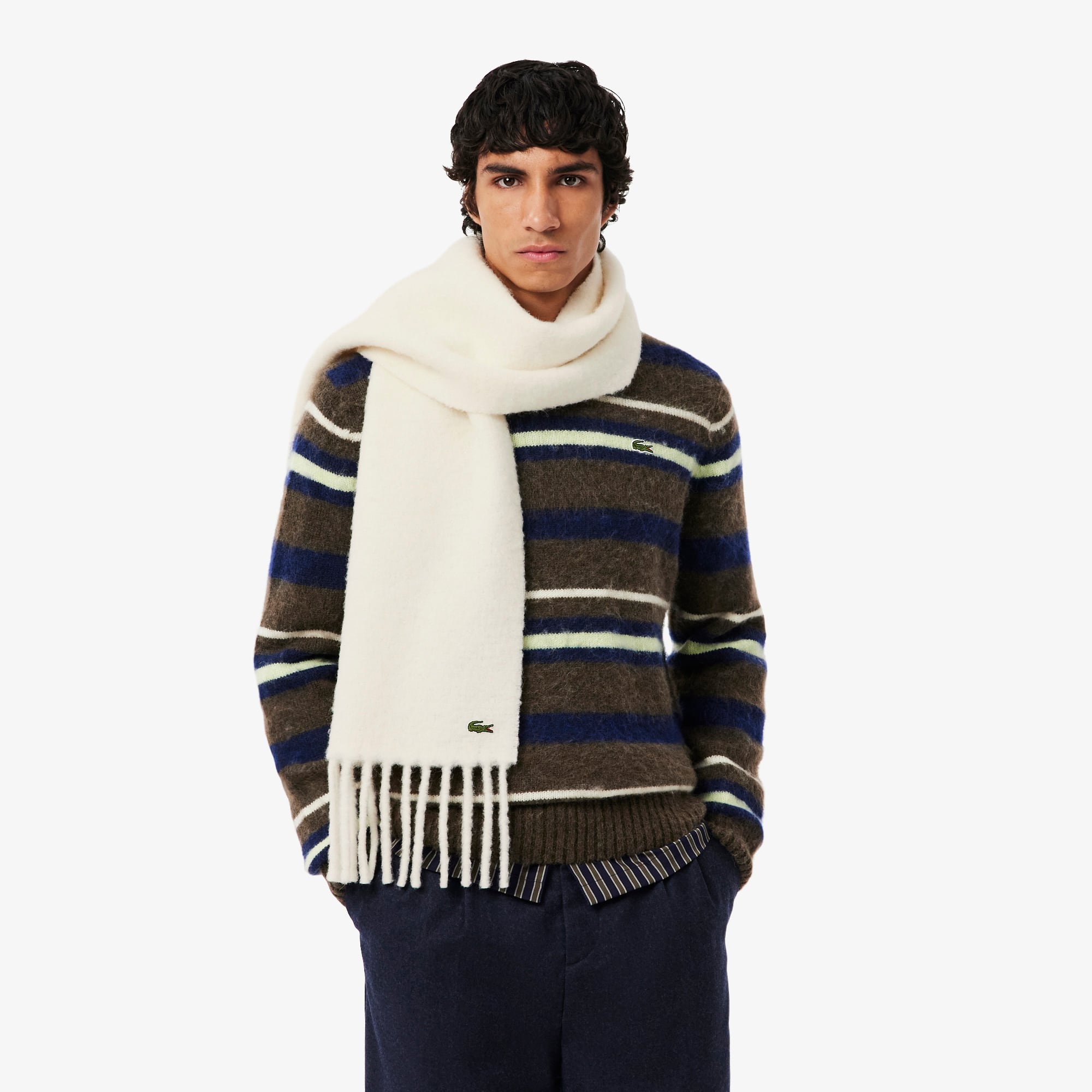Unisex Fringed Alpaca Wool Scarf - Cream