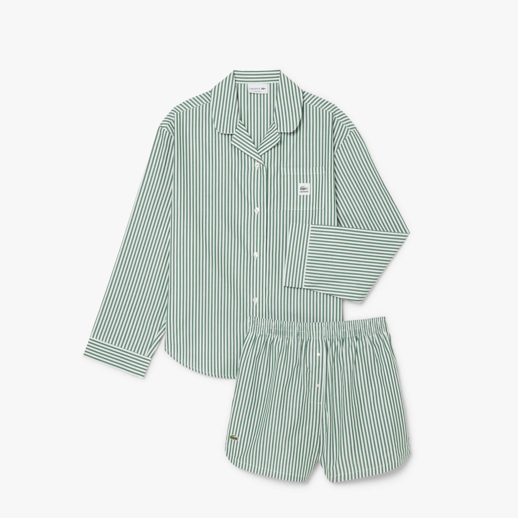 Oversized Striped Poplin Pajama Set - Green / White