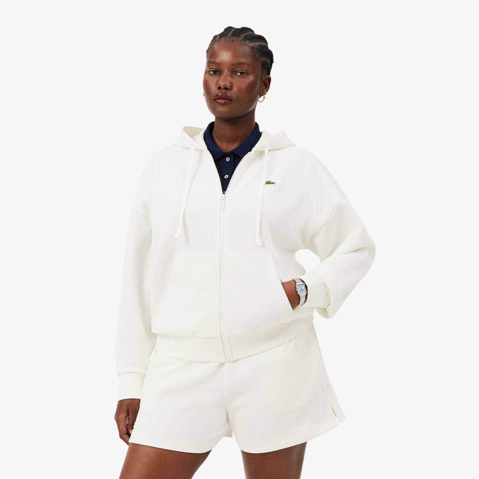 Women's Zip-Up Piqué Hoodie - White