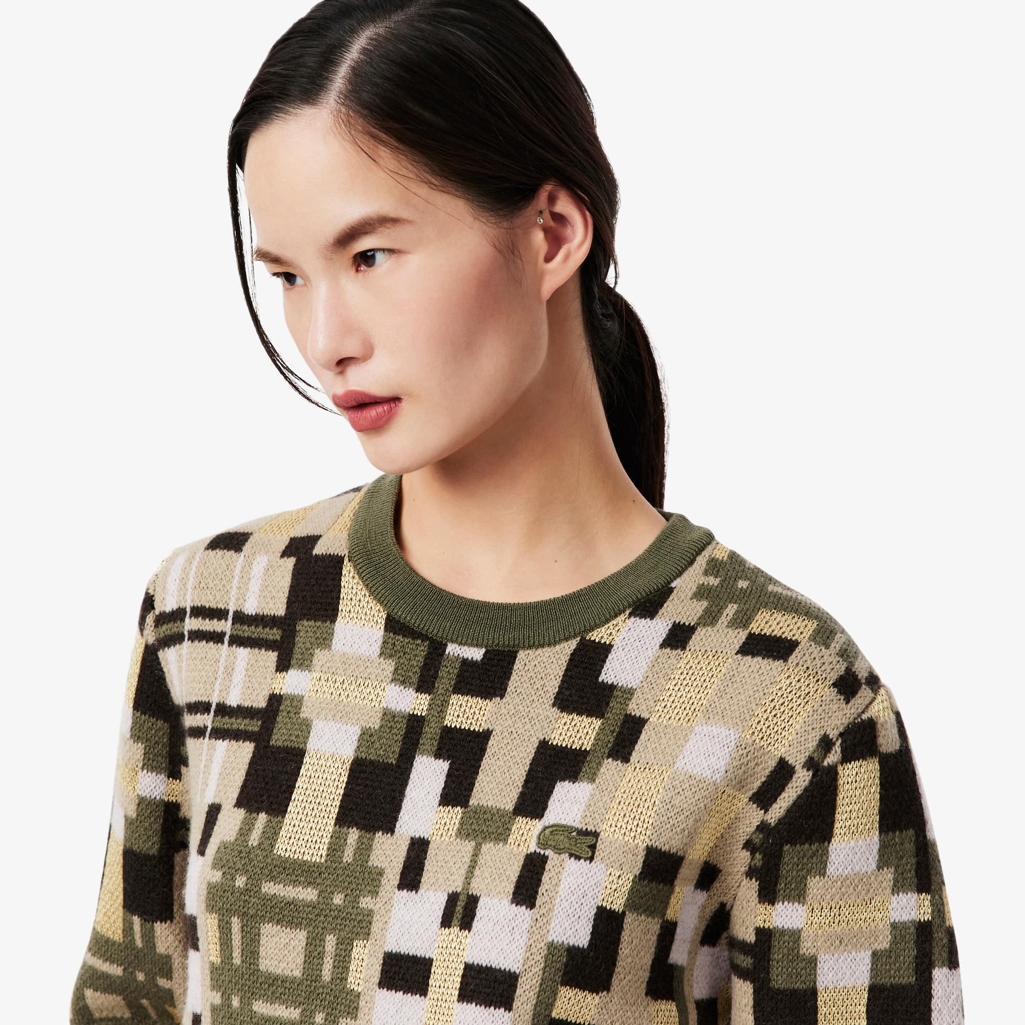 Women's Crew Neck Wool Graphic Sweater - Khaki Green / Beige / Light Pink / Brown / Yellow