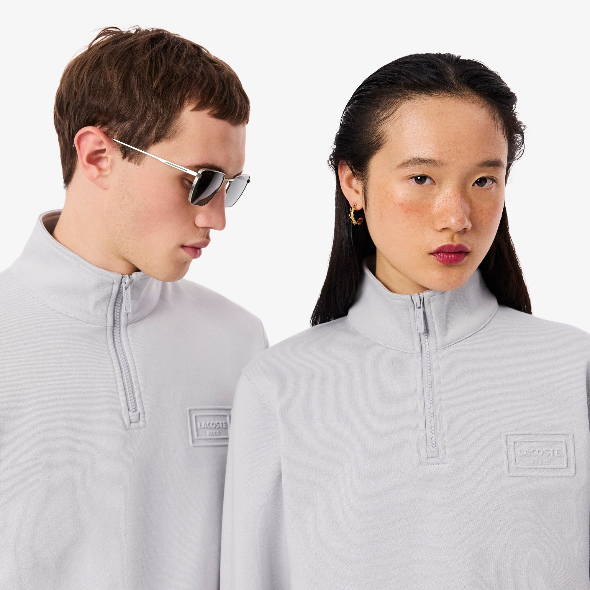 High Neck Embossed Zipped Sweatshirt - Light Grey
