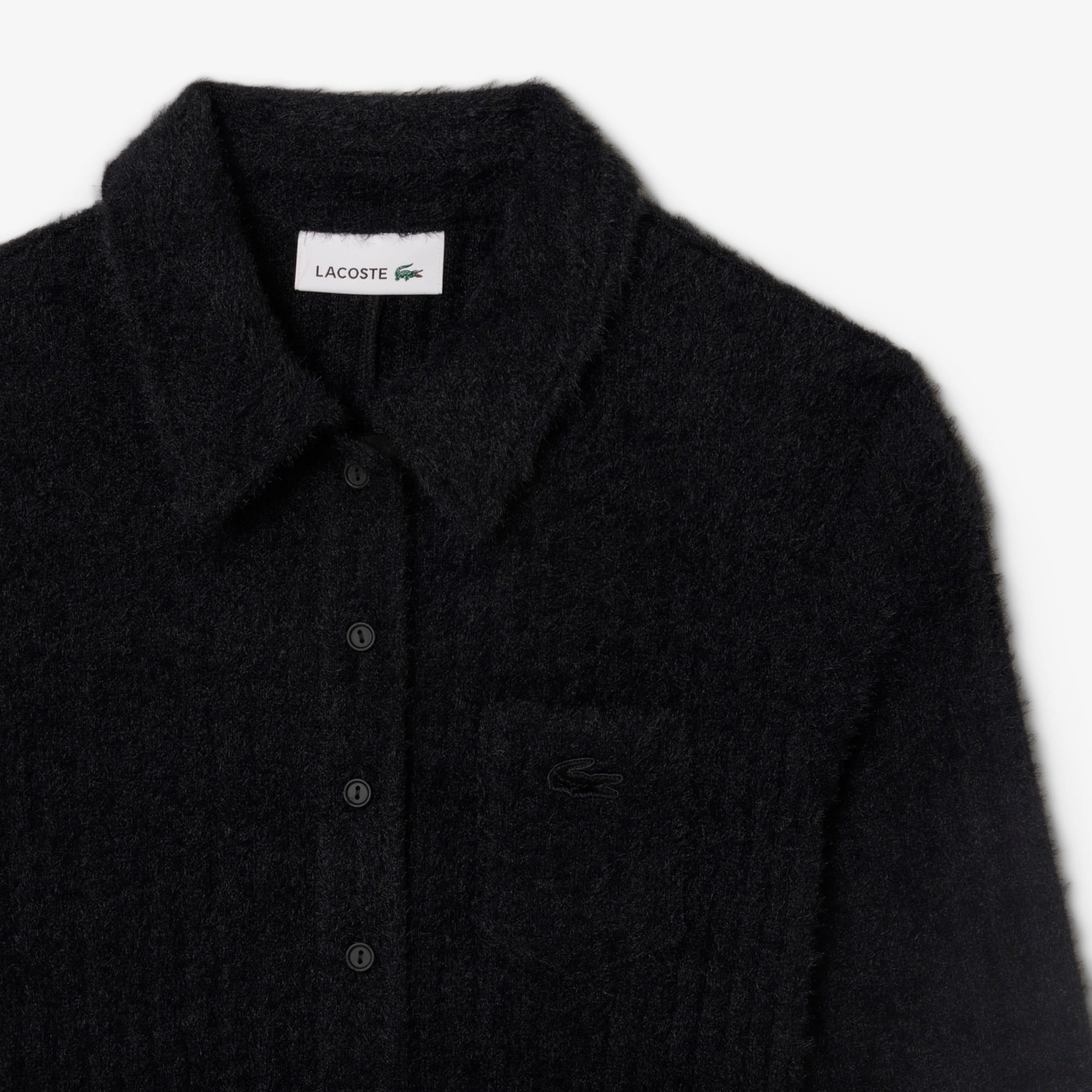 Women's Fuzzy Ribbed Knit Polo Collar Dress - Black