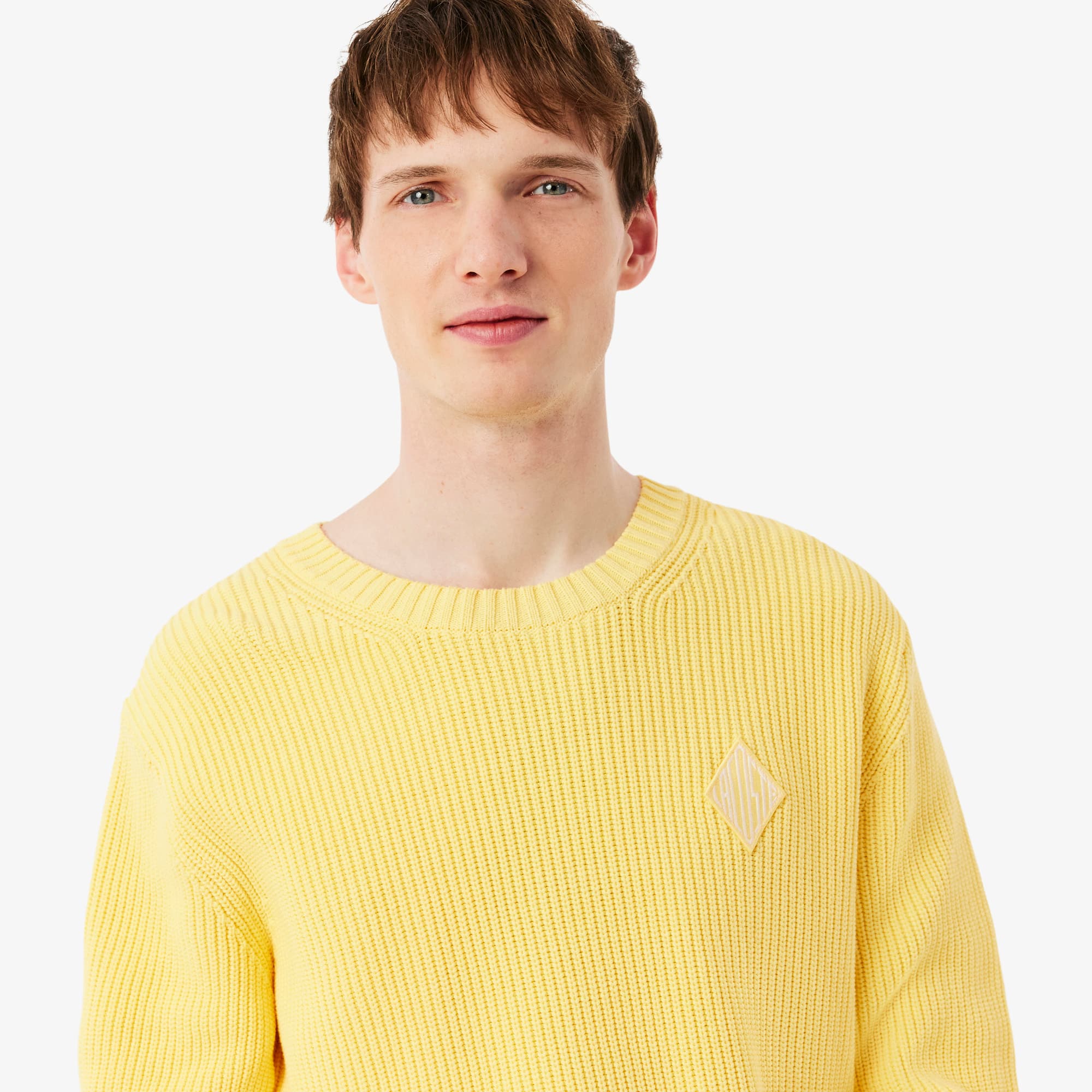 Pearl Rib Knit Badge Accent Sweater - Pastel yellow