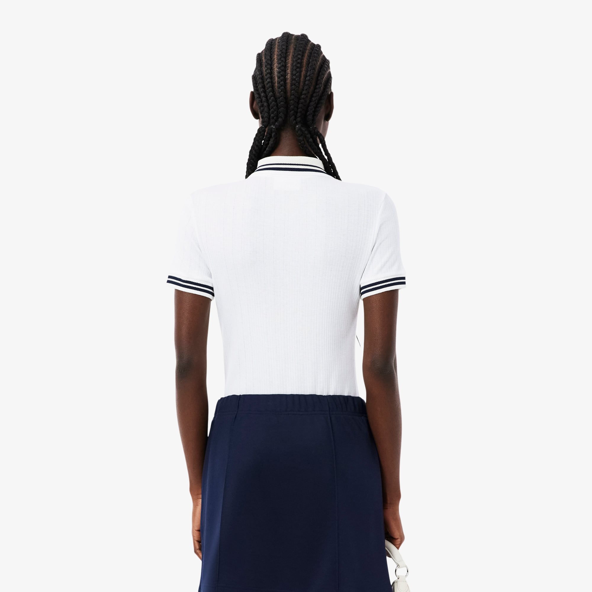 Slim Fit French Made Ribbed Polo - White / Navy Blue
