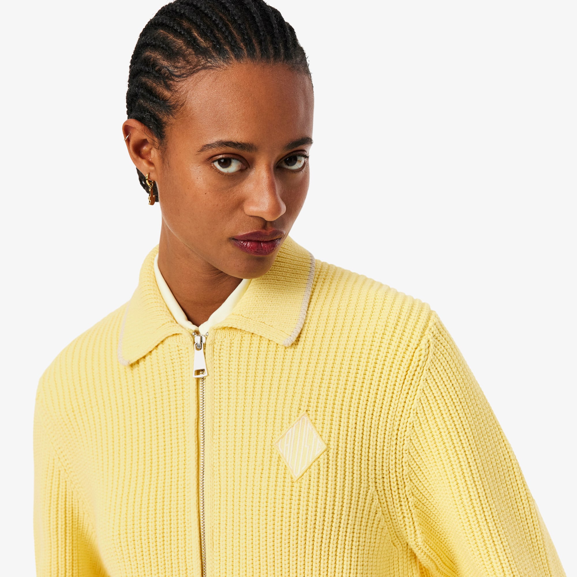 Zipped Cotton Badge Accent Sweater - Pastel yellow