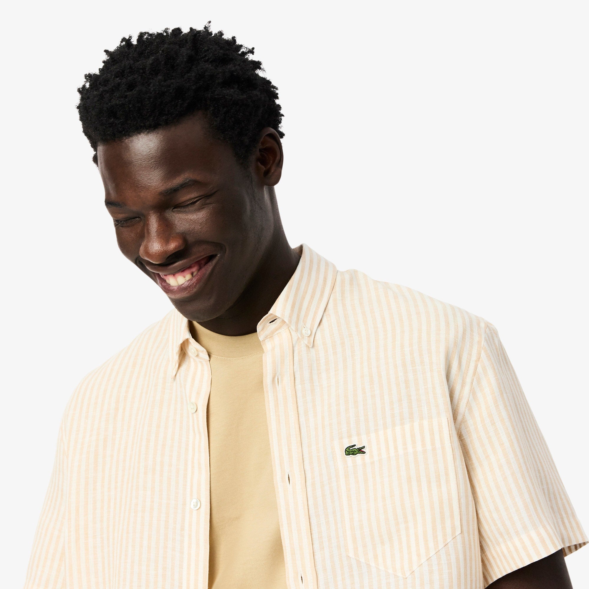 Men's Regular Fit Short Sleeve Linen Shirt - White / Beige